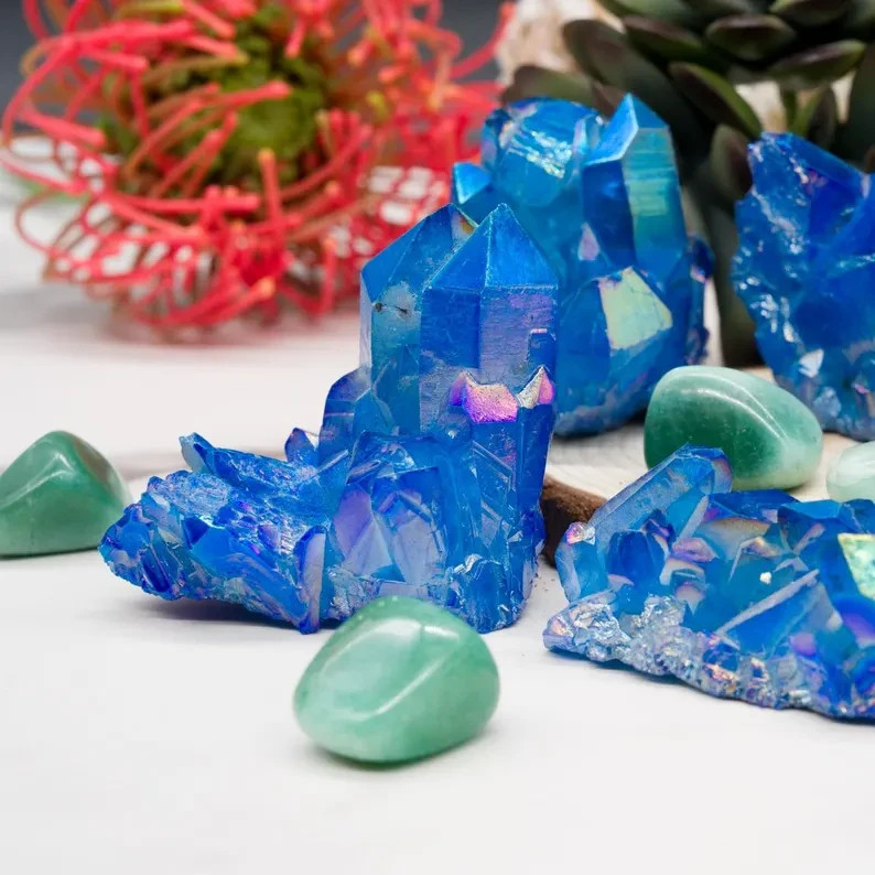 Blue Titanium Rainbow Crystal Cluster Angel Aura Quartz Healing Home Reiki Decor