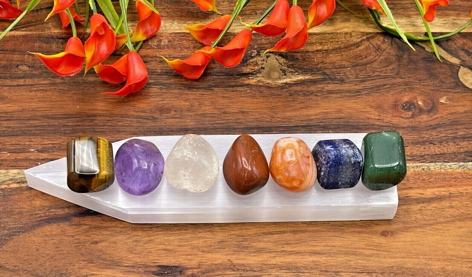 Selenite Charging Pointy Bar with 7 Chakra Stone & Velvet Pouch, 6 Inch (15 cm)