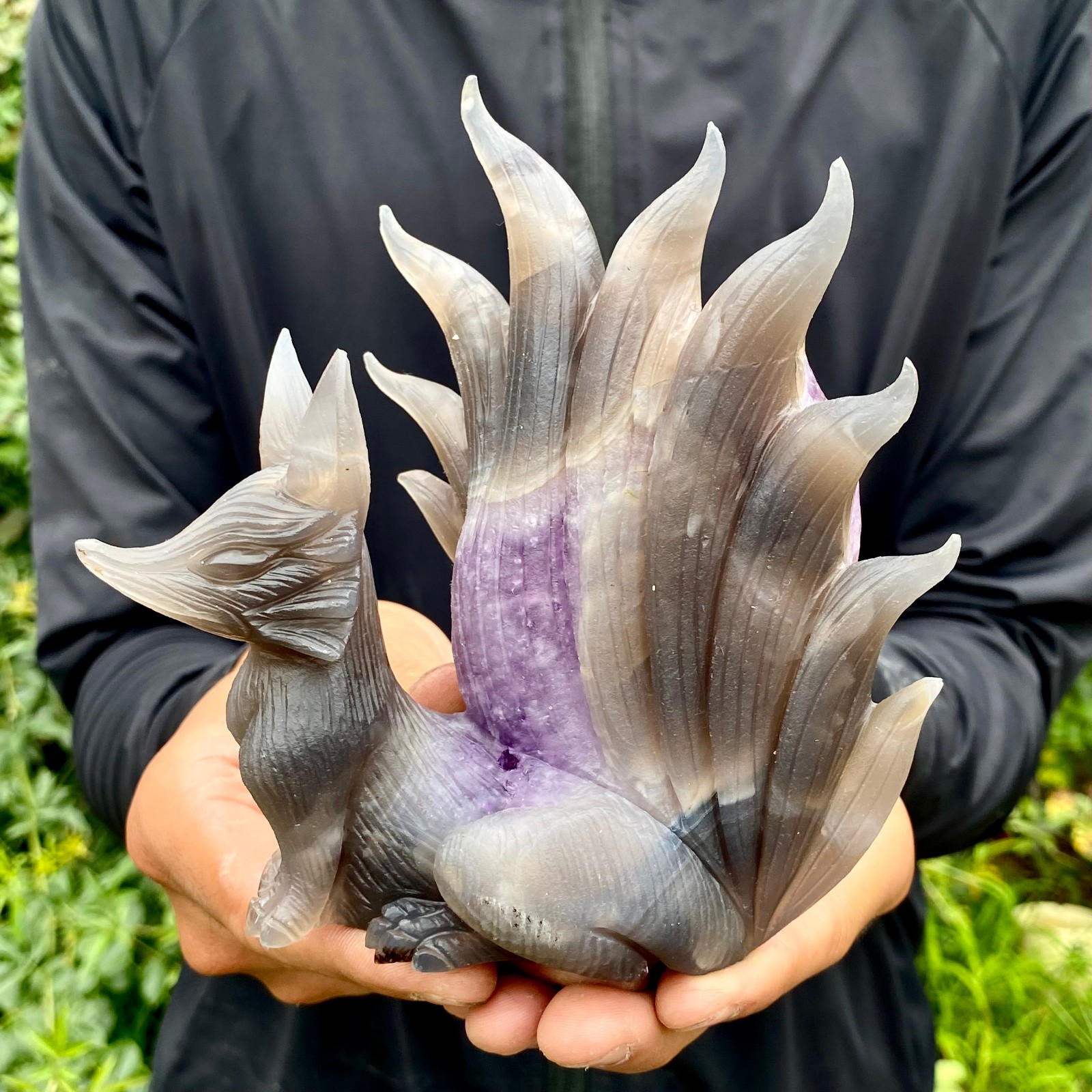 1.4LB Natural Amethyst Geode Hand Carved Nine-tailed Fox Quartz Crystal Decor