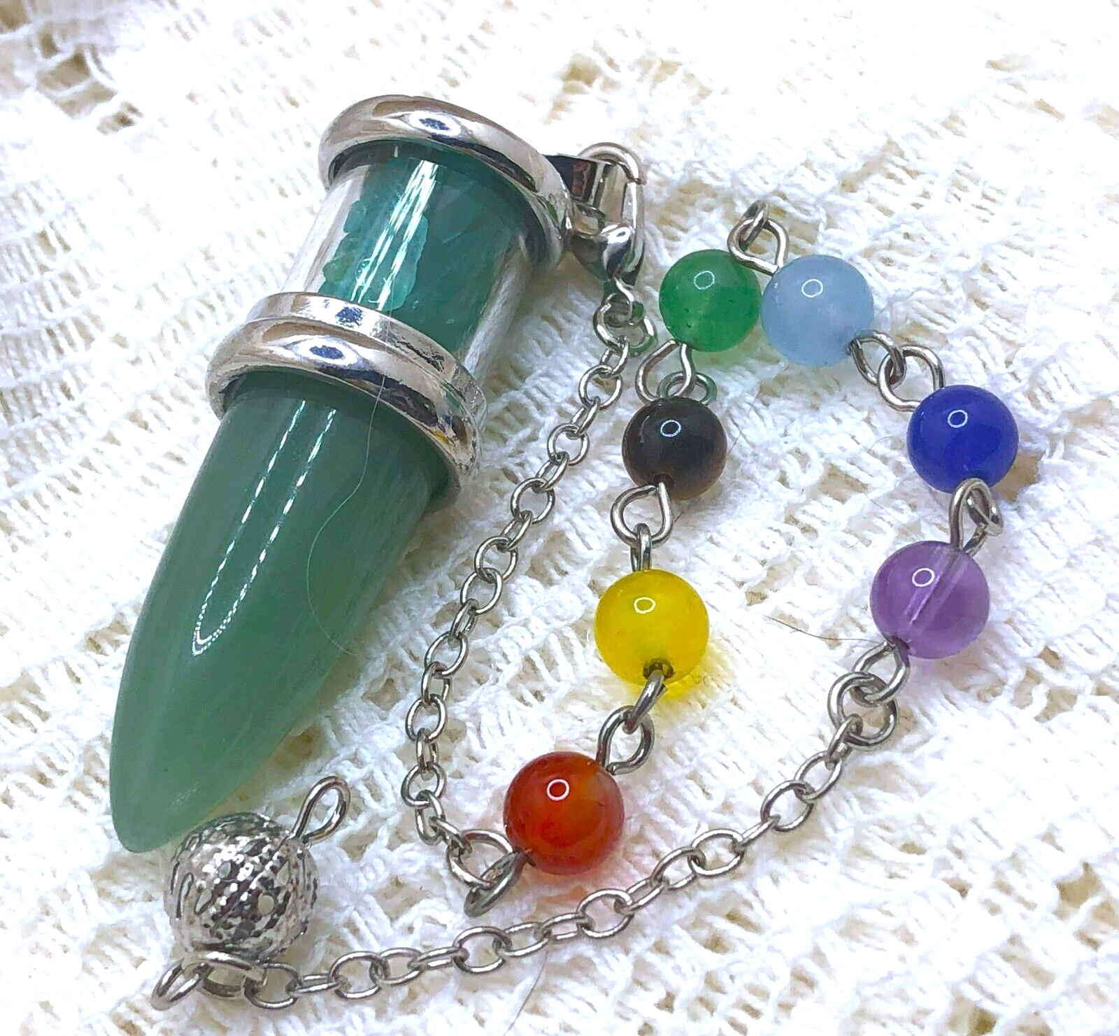 SEVEN Chakra Stones DIVINING PENDULUM – GREEN ONYX Pendulum and Vial (#14)