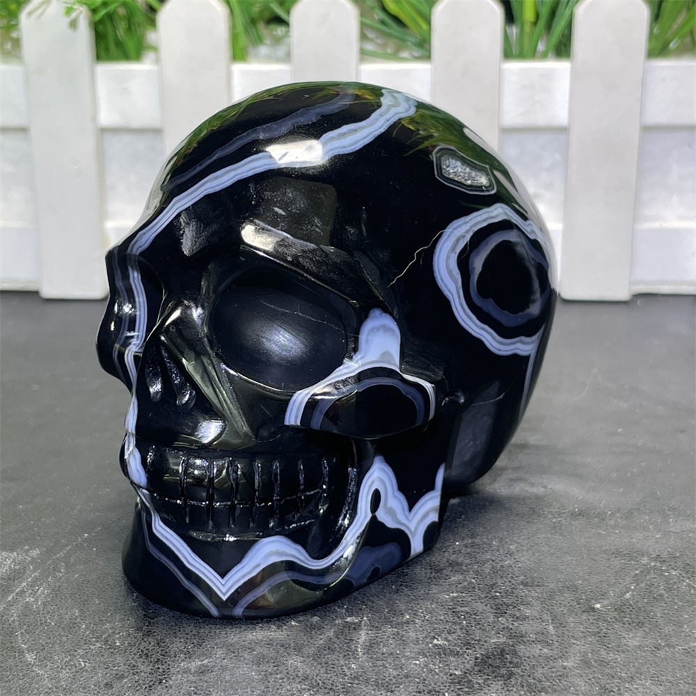1.4LB 3.7″ A+++ Black Sardonyx Agate Skull Carving Crystal Quartz Healing Decor