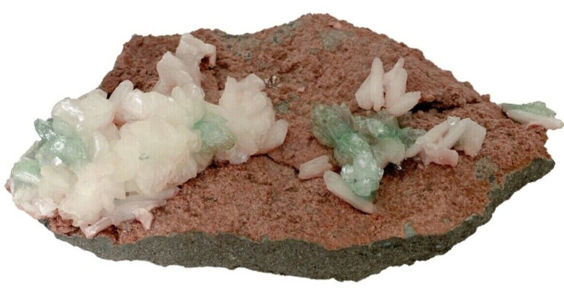 Light Mint Green Apophyllite and Pearly White Stilbite Crystals on Brown Matrix