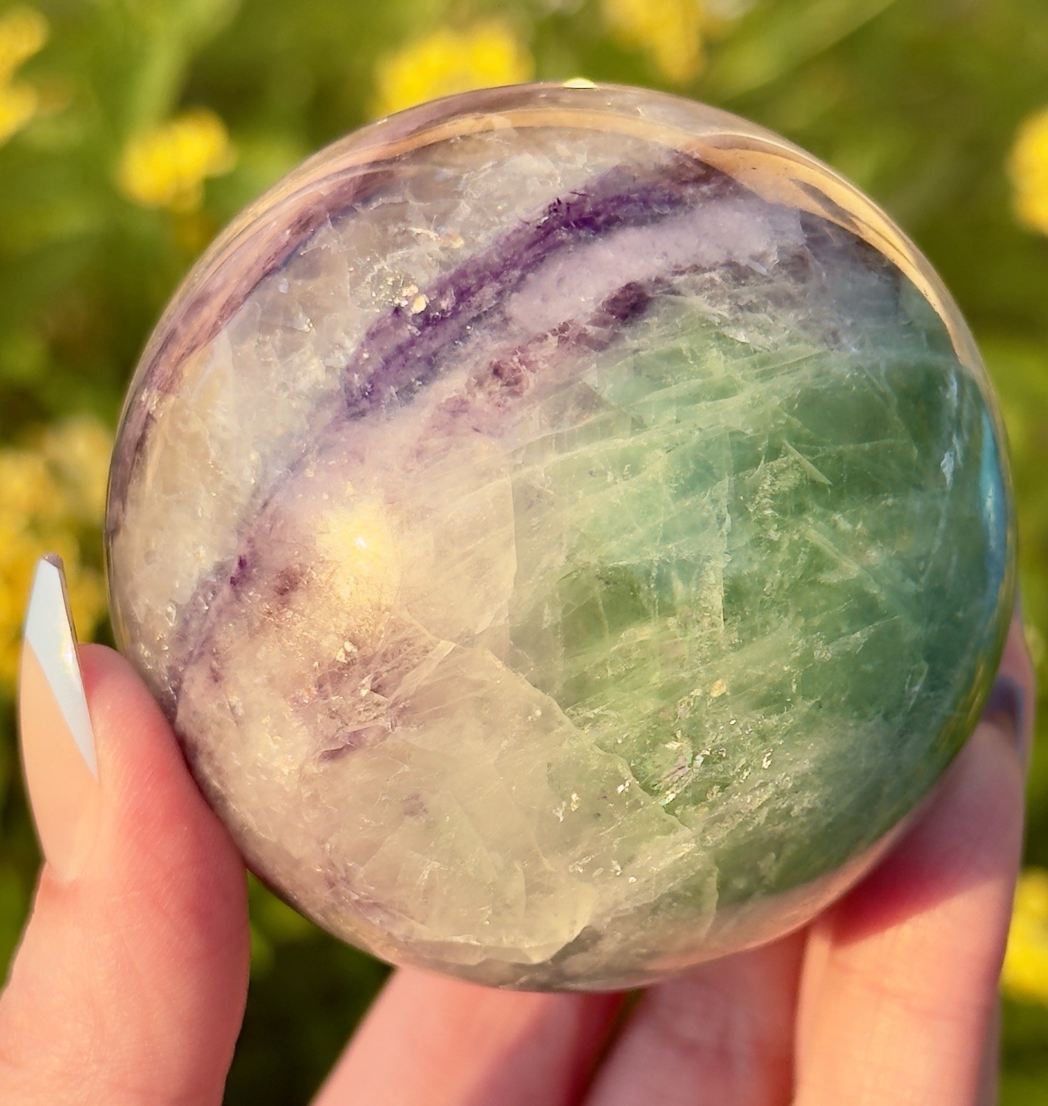 63mm Mint Green Purple Rainbow Fluorite Sphere With Mica Crystal Ball