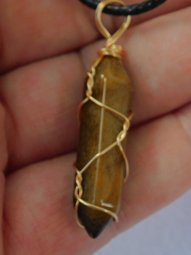 Tiger Eye Double Tip Crystal Pendant Gold Wire Wrap Reiki Healing