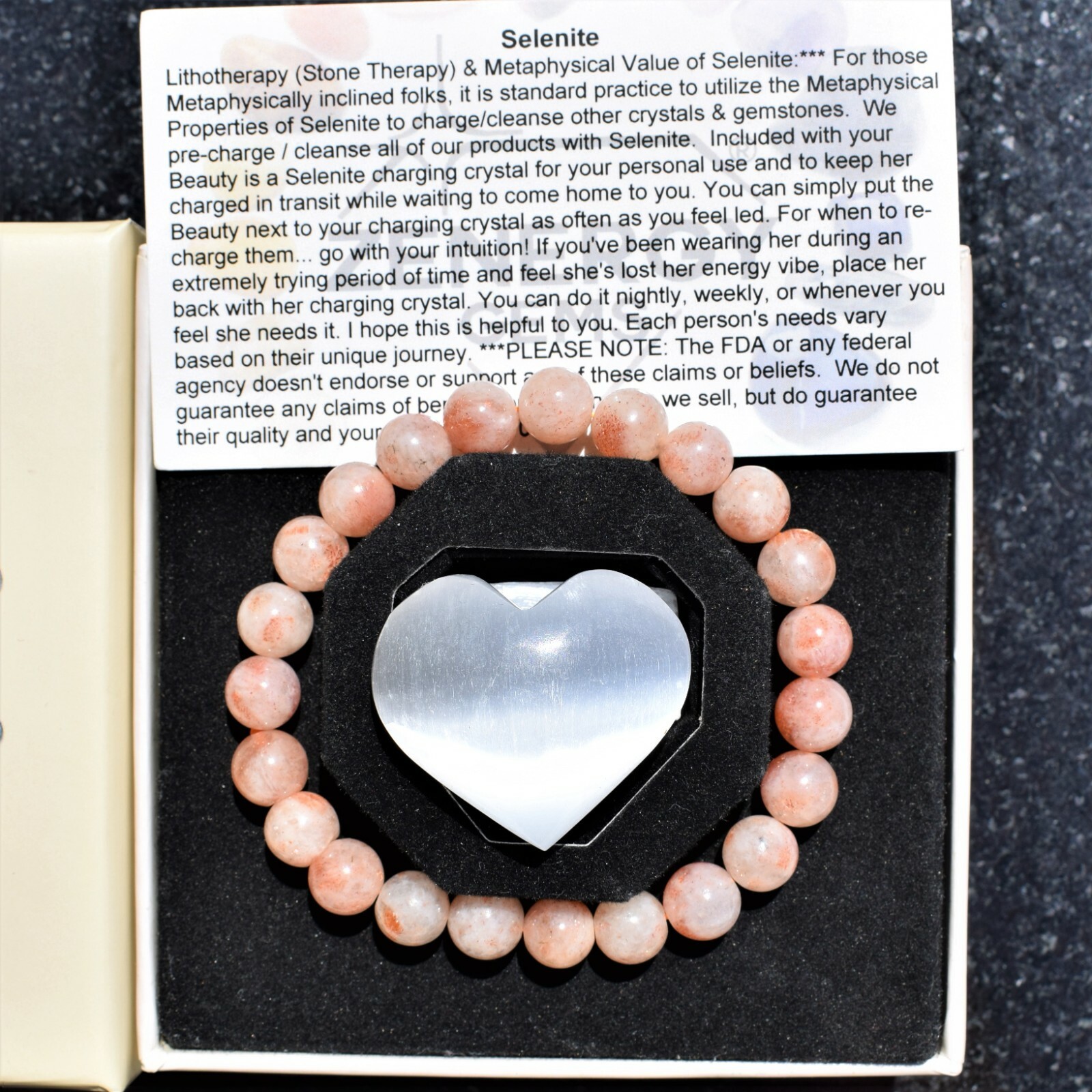 Premium CHARGED Natural Sunstone Crystal 5mm-7mm Bracelet + Selenite Charger
