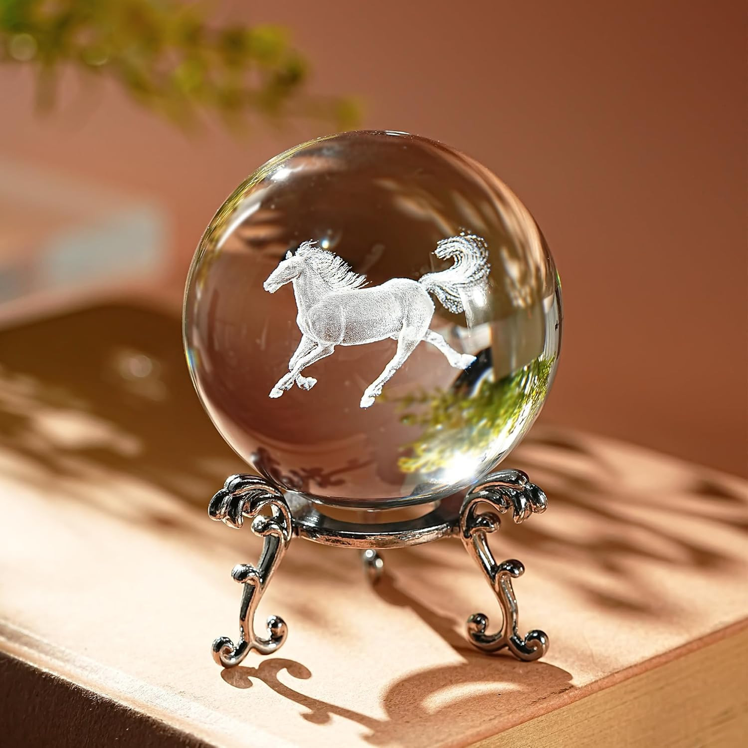 60Mm 3D Horse Crystal Ball Figurines with Stand Chinese Zodiac Glass Ball Feng S