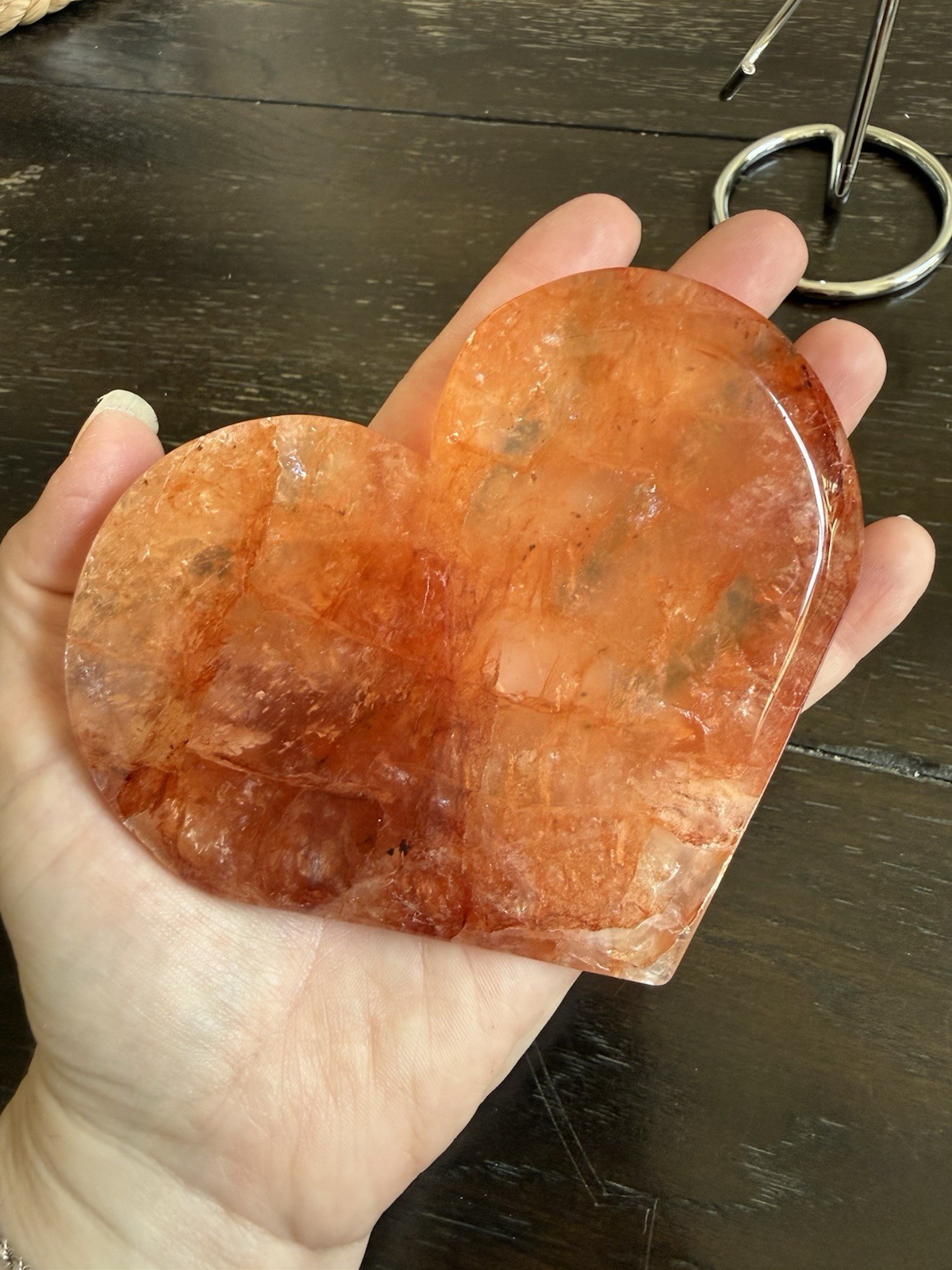 11.8oz Polished Fire Quartz Hematoid Crystal Heart Large Red Clear On Stand