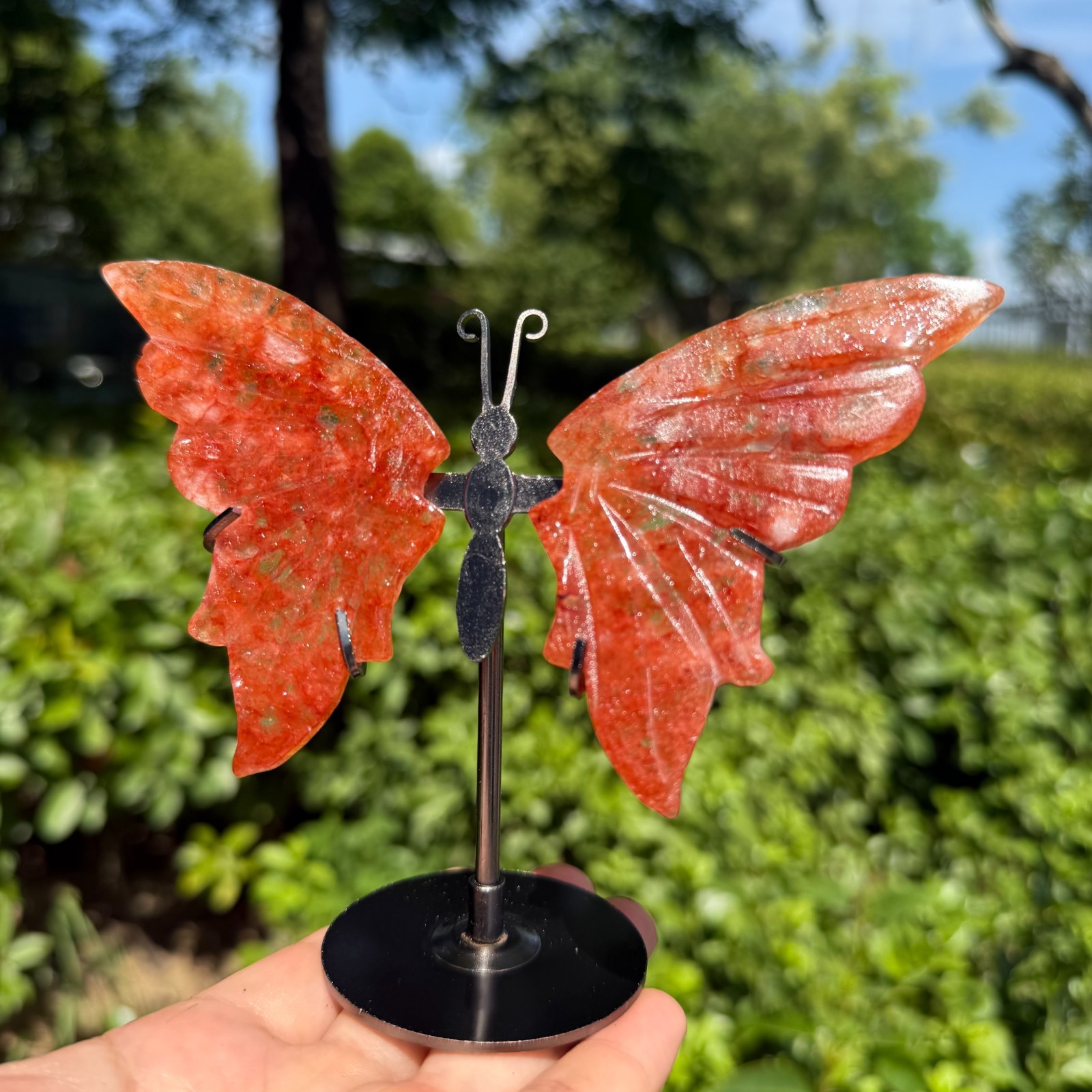 5.2” A pair Natural red gum flower Butterfly Wing Reiki Crystal Skull Decor