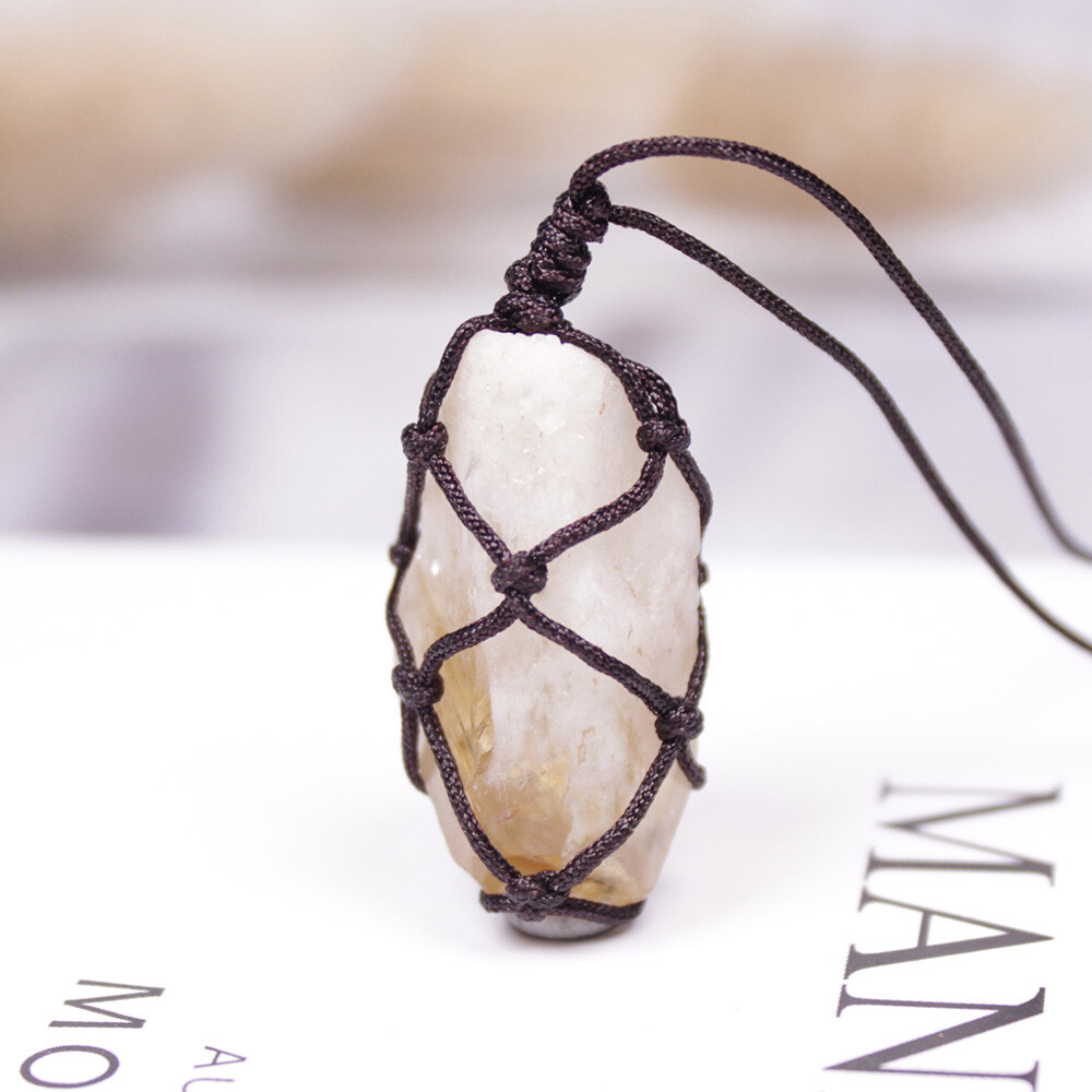 Natural Brazil Citrine Crystal Rough Raw Stone Pendant Wrap Rope Necklace