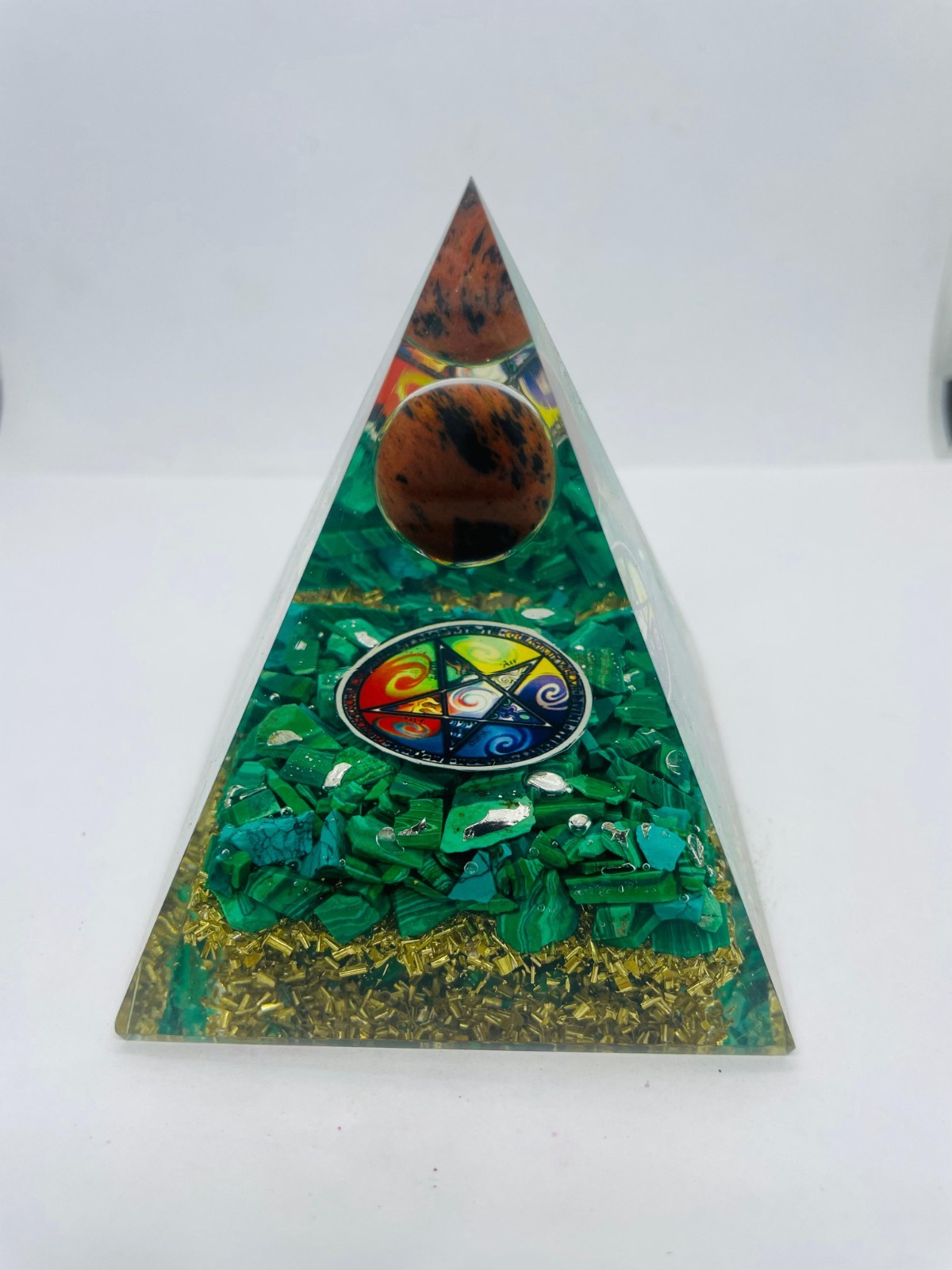 Orgone Crystal Pentacle Energy Pyramid with Green Gemstones & Golden Layer
