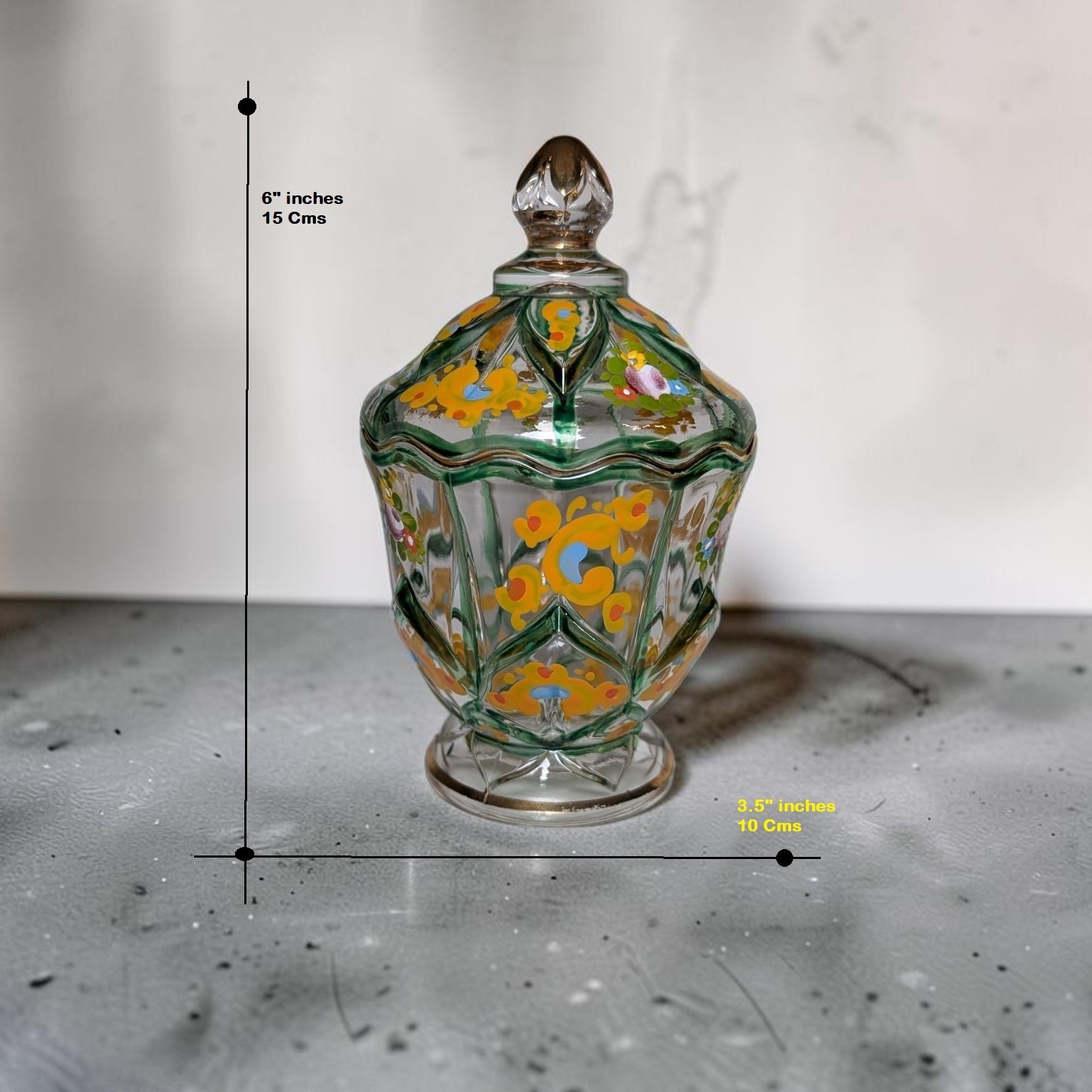 Czech cut crystal dosa with leg 15 cm or 6″ inches decorated gold, enamel