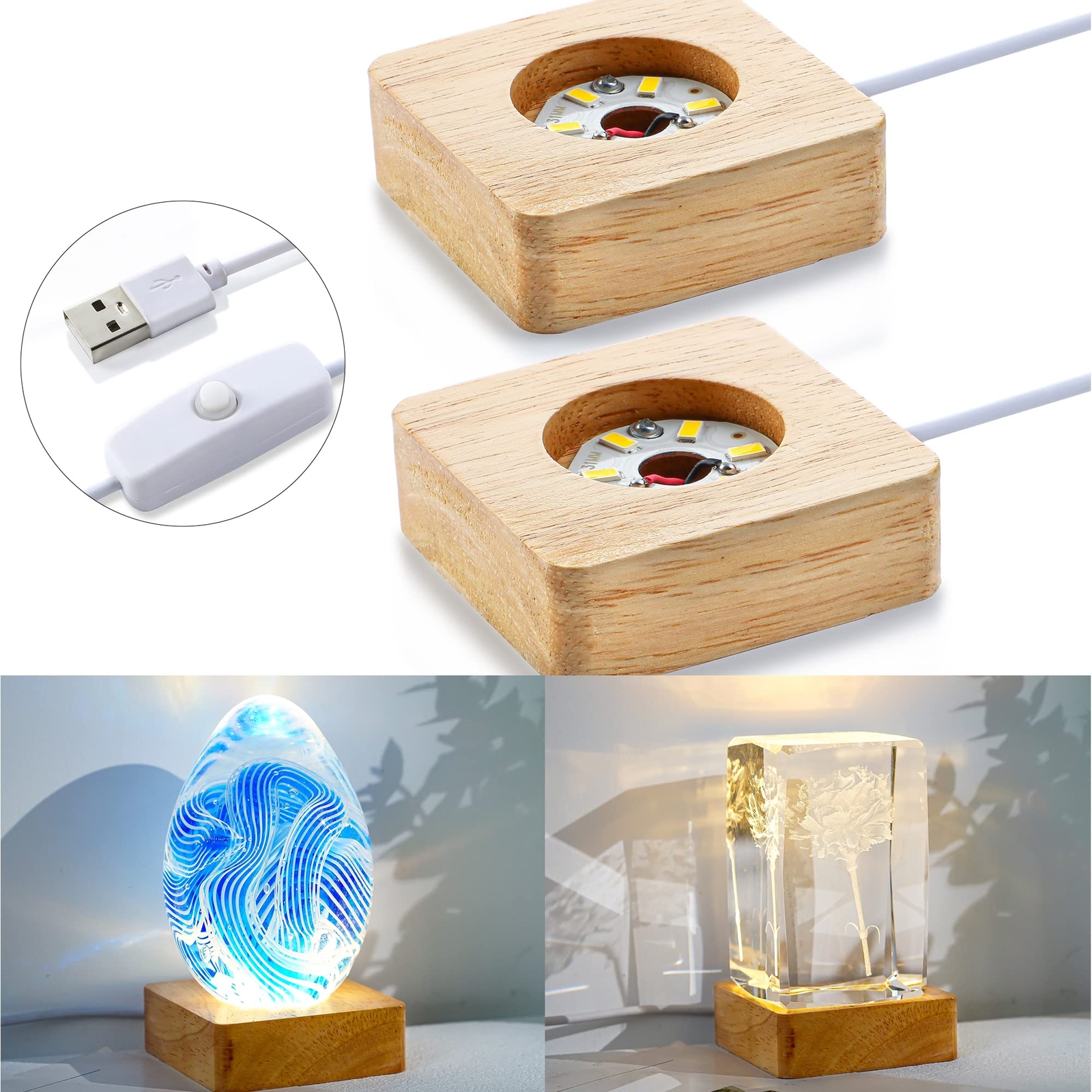 2 Pack Wooden Light Display Base LED Display Stand for Crystal Glass Resin Art