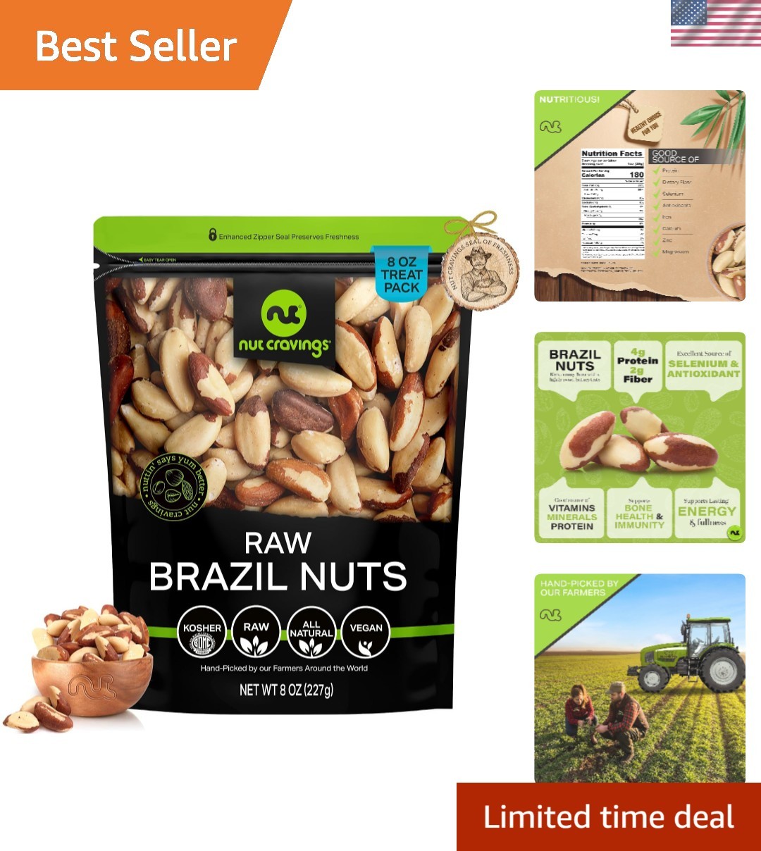 Wholesome 8oz Raw Brazil Nuts – Resealable Bag – Perfect for Snacking & Recipes