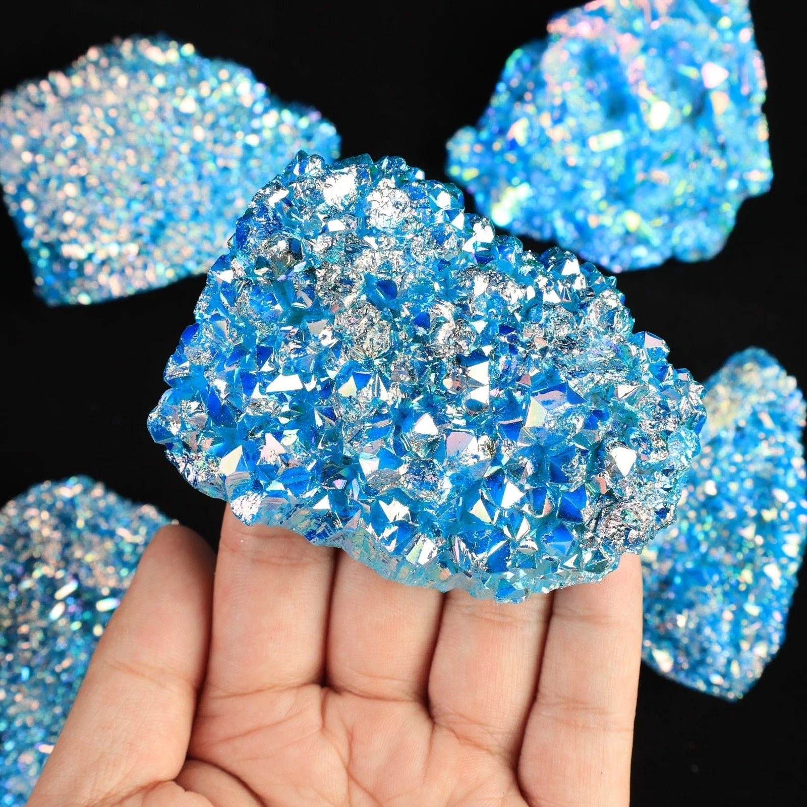 Blue Rainbow Angel Aura Quartz Cluster Raw Titanium Crystal Geode Specimen Gift