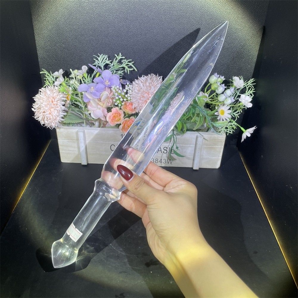 0.8LB 14.9″ Natural A++ Clear Quartz Sword Carving Crystal Quartz Mineral Reiki
