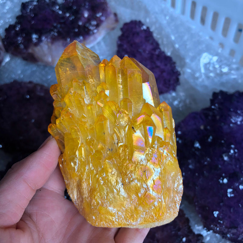 5Pcs Natural Angel Aura Yellow Titanium Gemstone Quartz Crystal Cluster Specimen