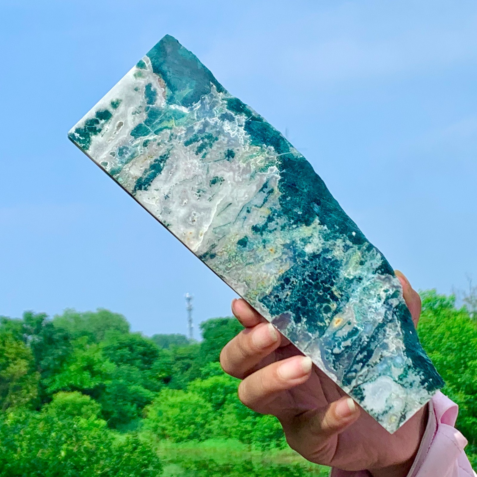 492G Natural Moss Agate Quartz Druzy Slice Extra Large Gemstone Specimen