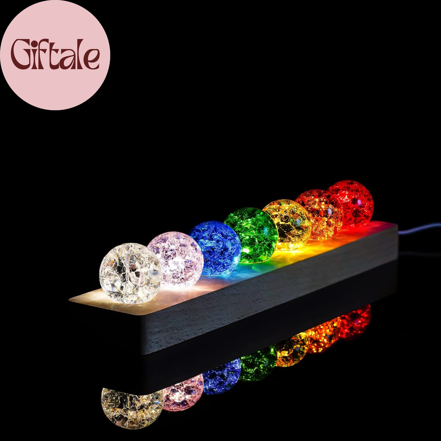 7 Colors Ice Cracked Balls with LED Wooden Base 40Mm Healing Sphere Balls Set Cr