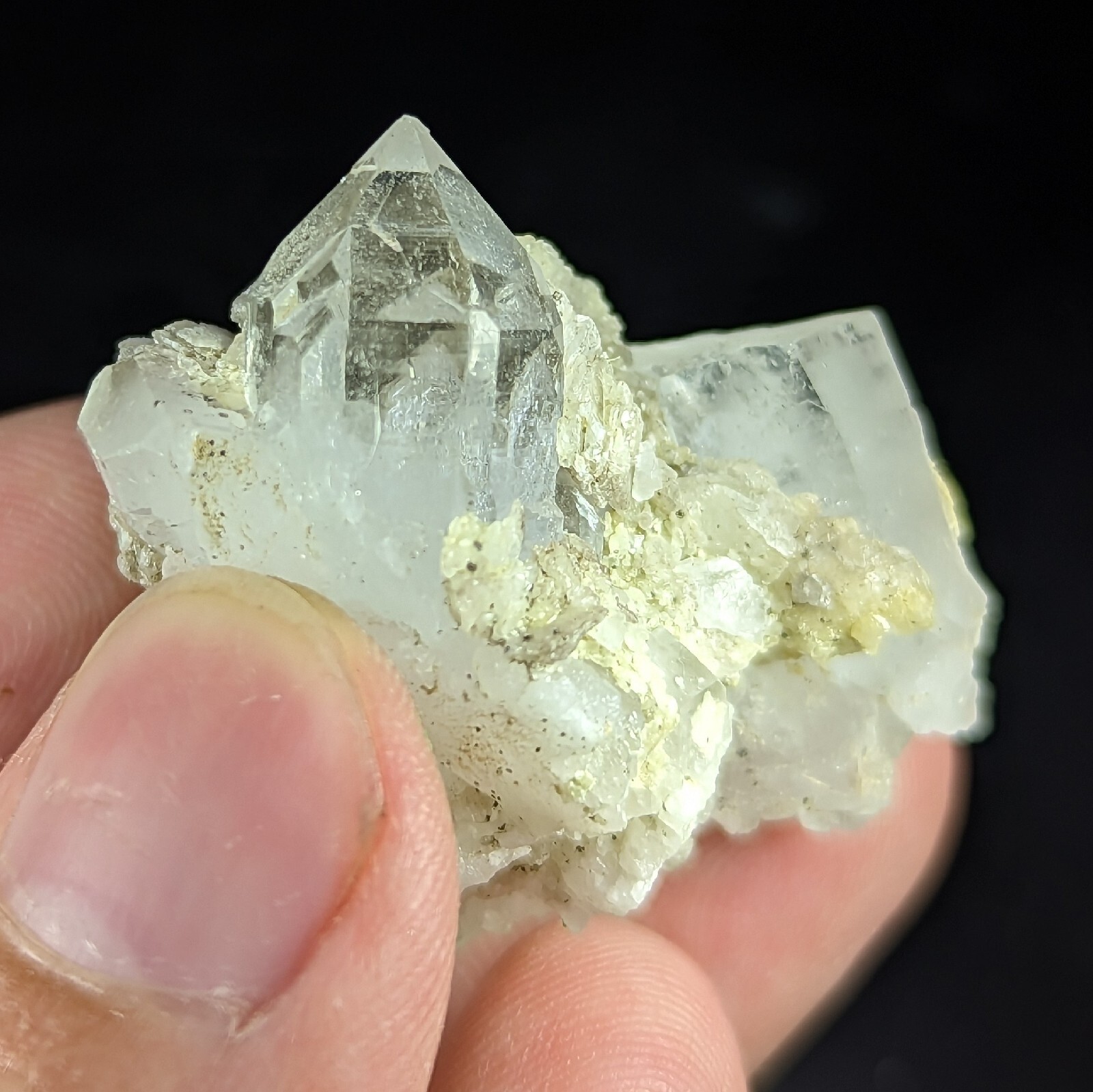 Clear Quartz Crystal On Matrix With Little Axinite Crystals On Albite, 25 Grams