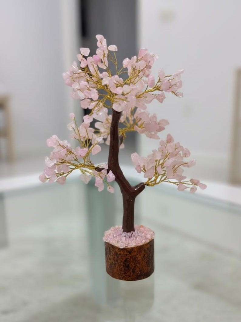 Elegant Rose Quartz Pink Crystal Tree Decor, Handcrafted Wire Blossom Bonsai