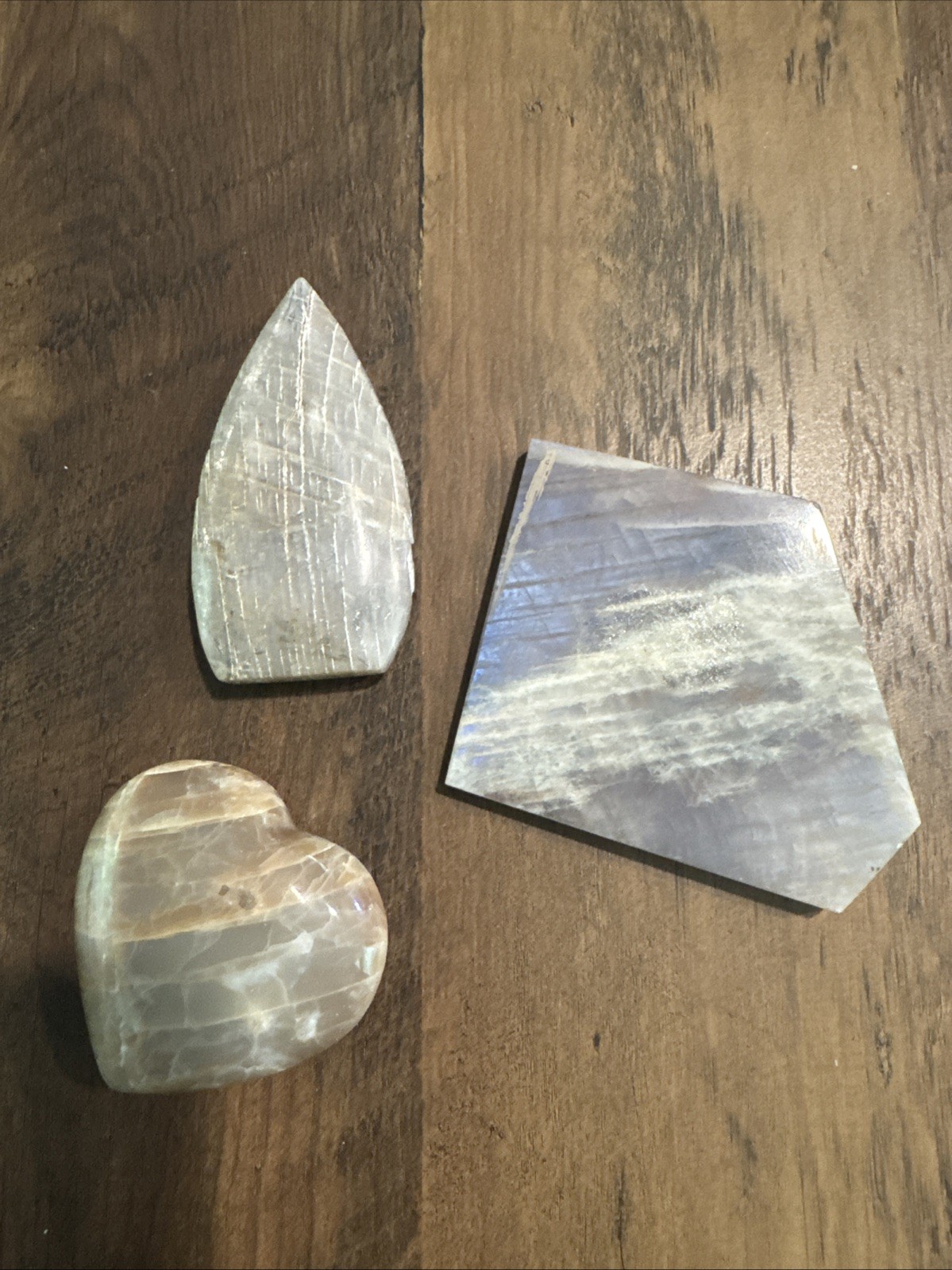 Moonstone Crystal 3 Pc Set- Teardrop, Slab & Heart 470 Grams Total
