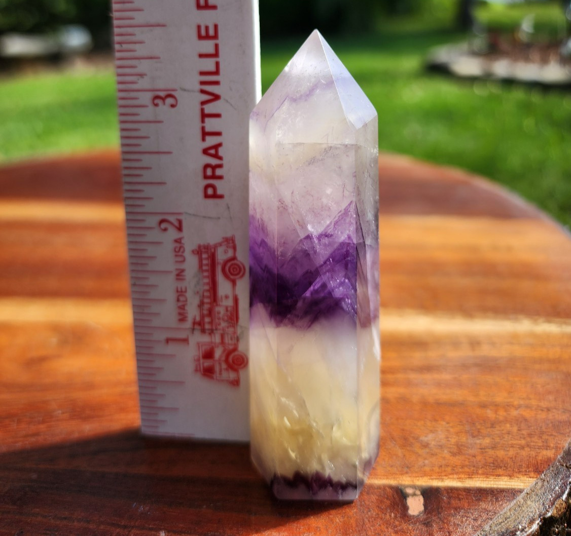100 grams Purple/Yellow Fluorite Tower Wand Reiki Healing Point 3-1/2 “Tall