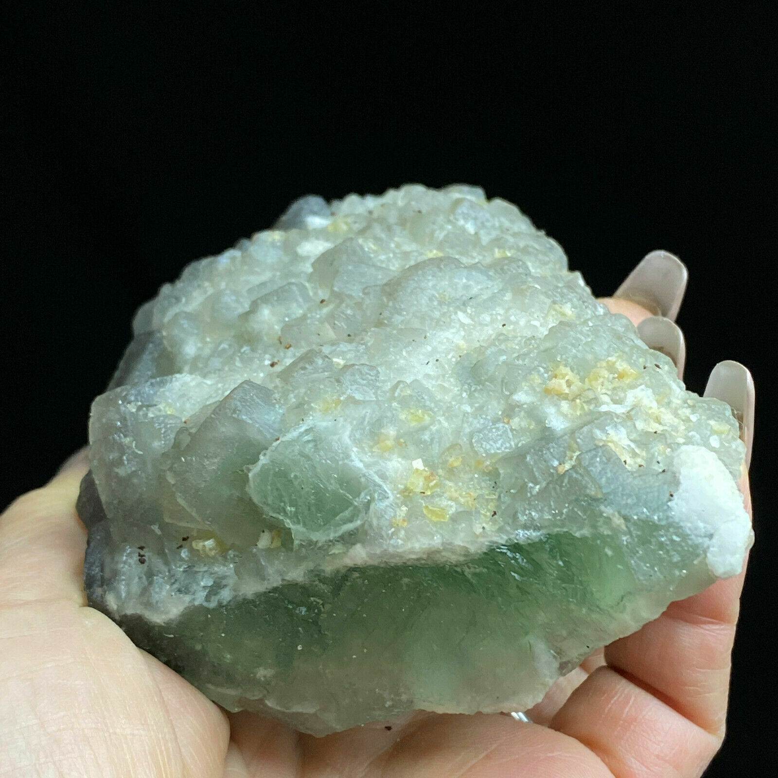 414g Natural Purple/Green Cube Fluorite & White Quartz Crystal Mineral Specimen