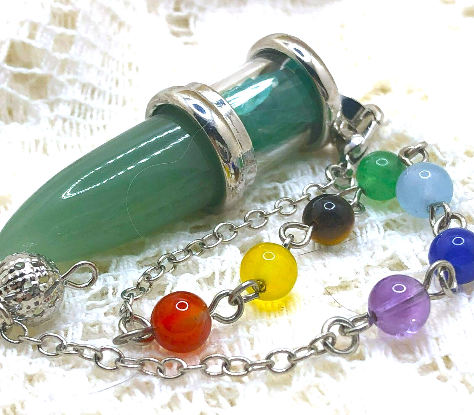 SEVEN Chakra Stones DIVINING PENDULUM – GREEN ONYX Pendulum and Vial (#14)
