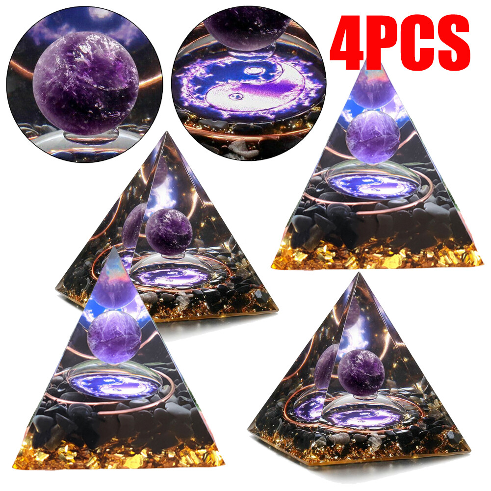 4PC Amethyst Crystal Sphere Orgonite Pyramid Obsidian chakra Energy Orgone Stone