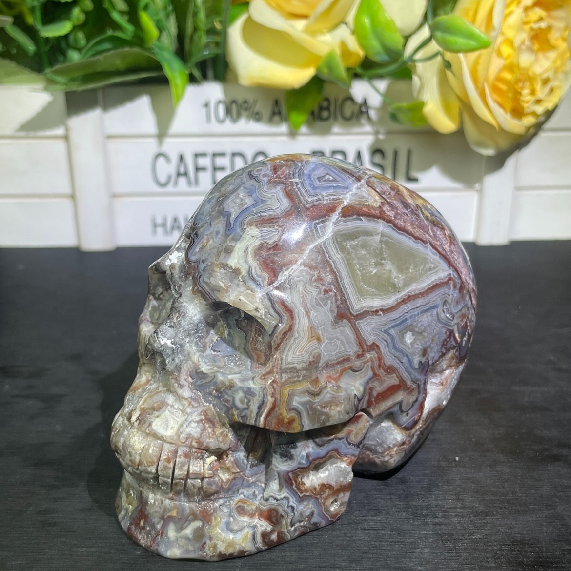 1.7LB 3.9″ Natural Mexican Agate Skull Carved Crystal Reiki Quartz Healing