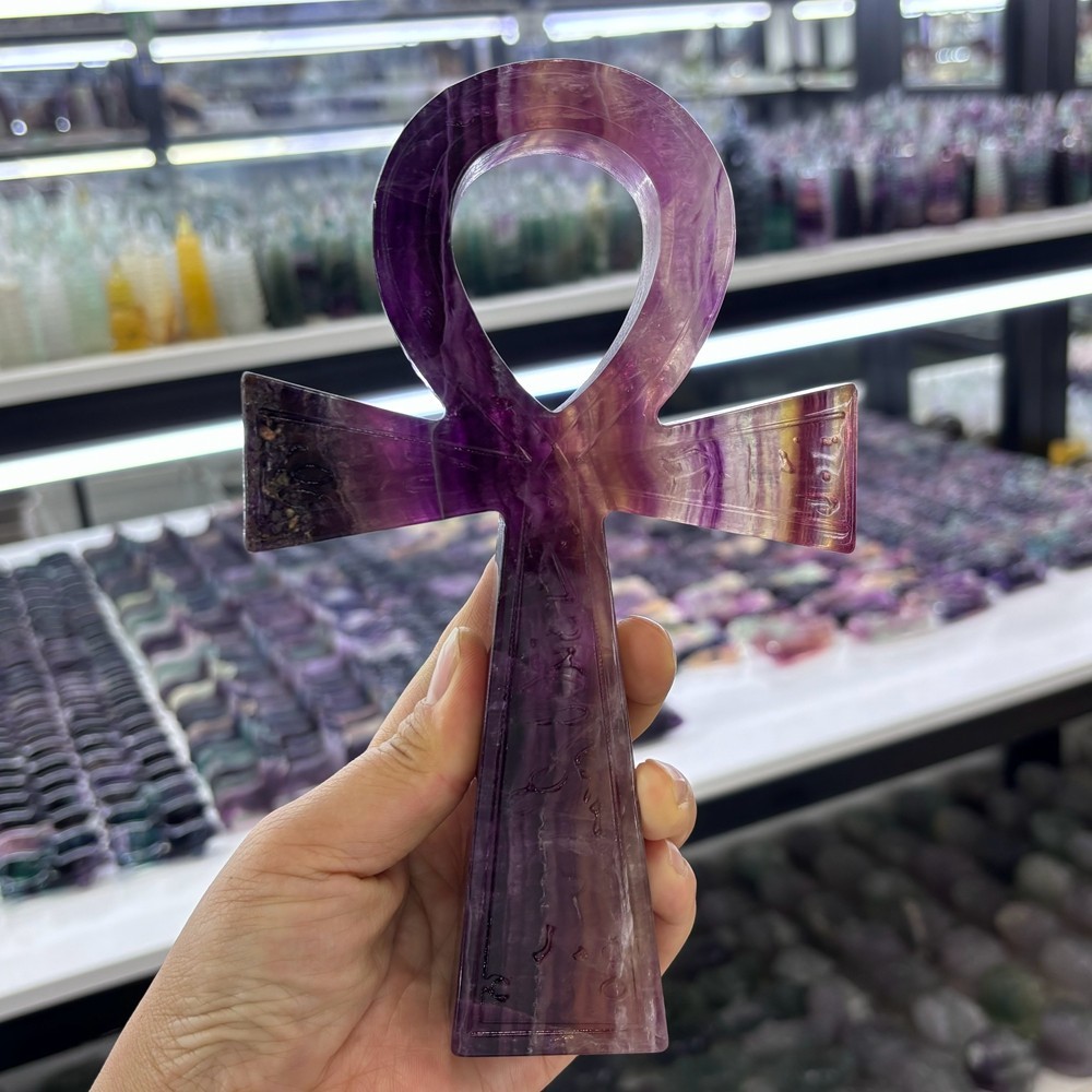 Natural Fluorite Quartz Crystal Cross Carved Crystal Ankh Reiki Healing 1pc