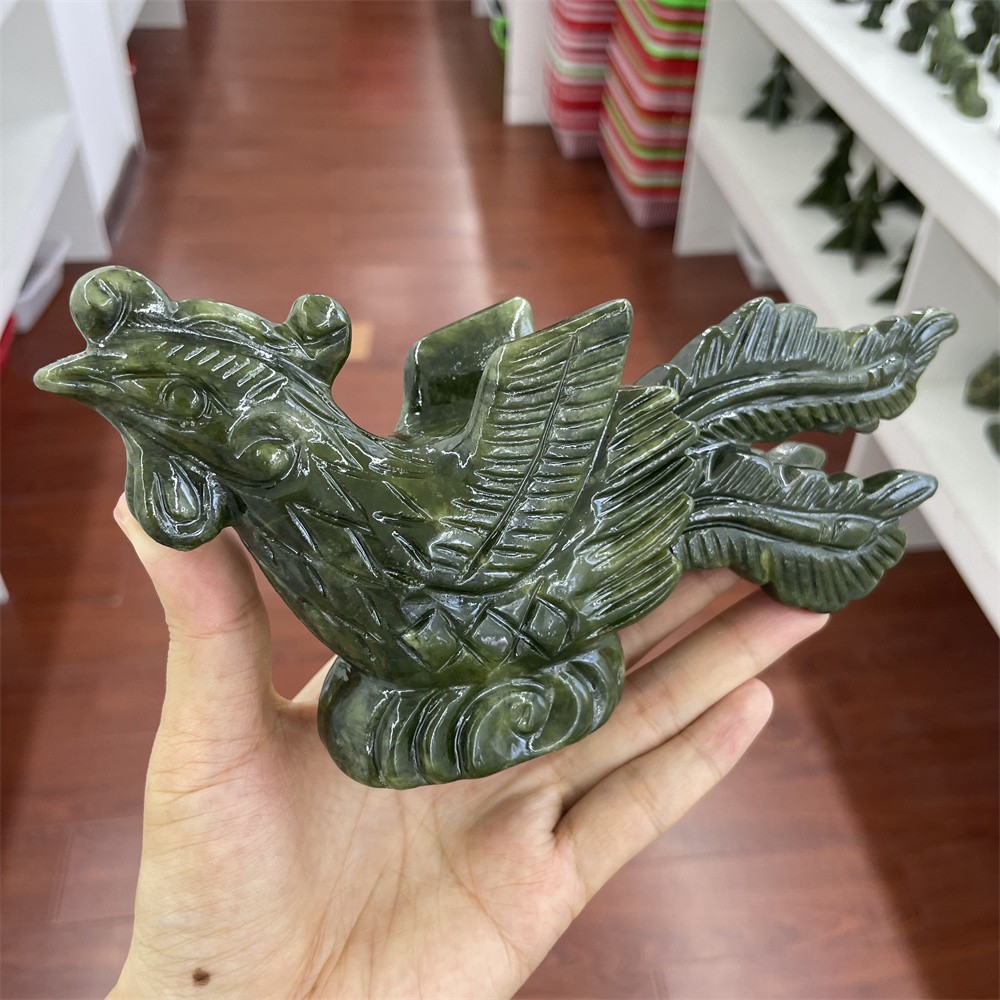 1.3LB 7.4″ Natural Xiuyan Jade Phoenix Statue Quartz Crystal Reiki Carving Decor