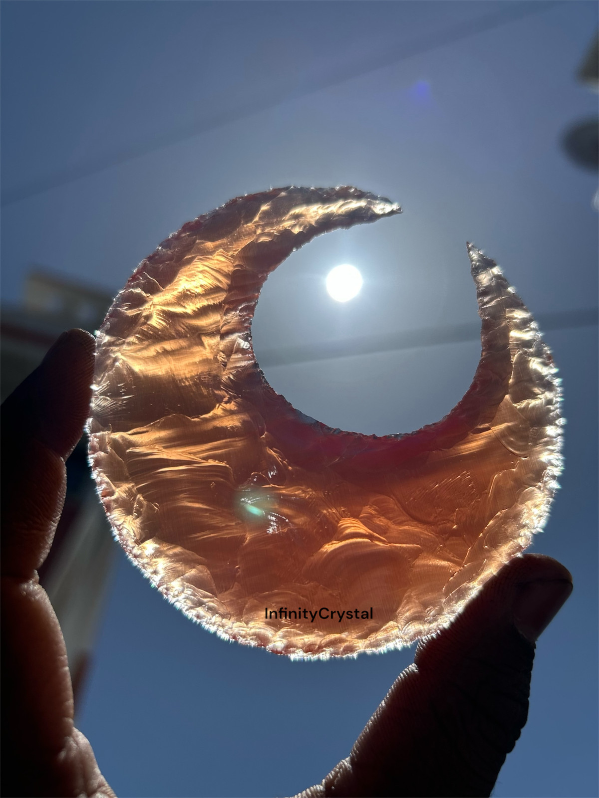 Orange Calcite Crescent Moon 90-100mm – Hand Carved Crystal Decor, Altar Gift