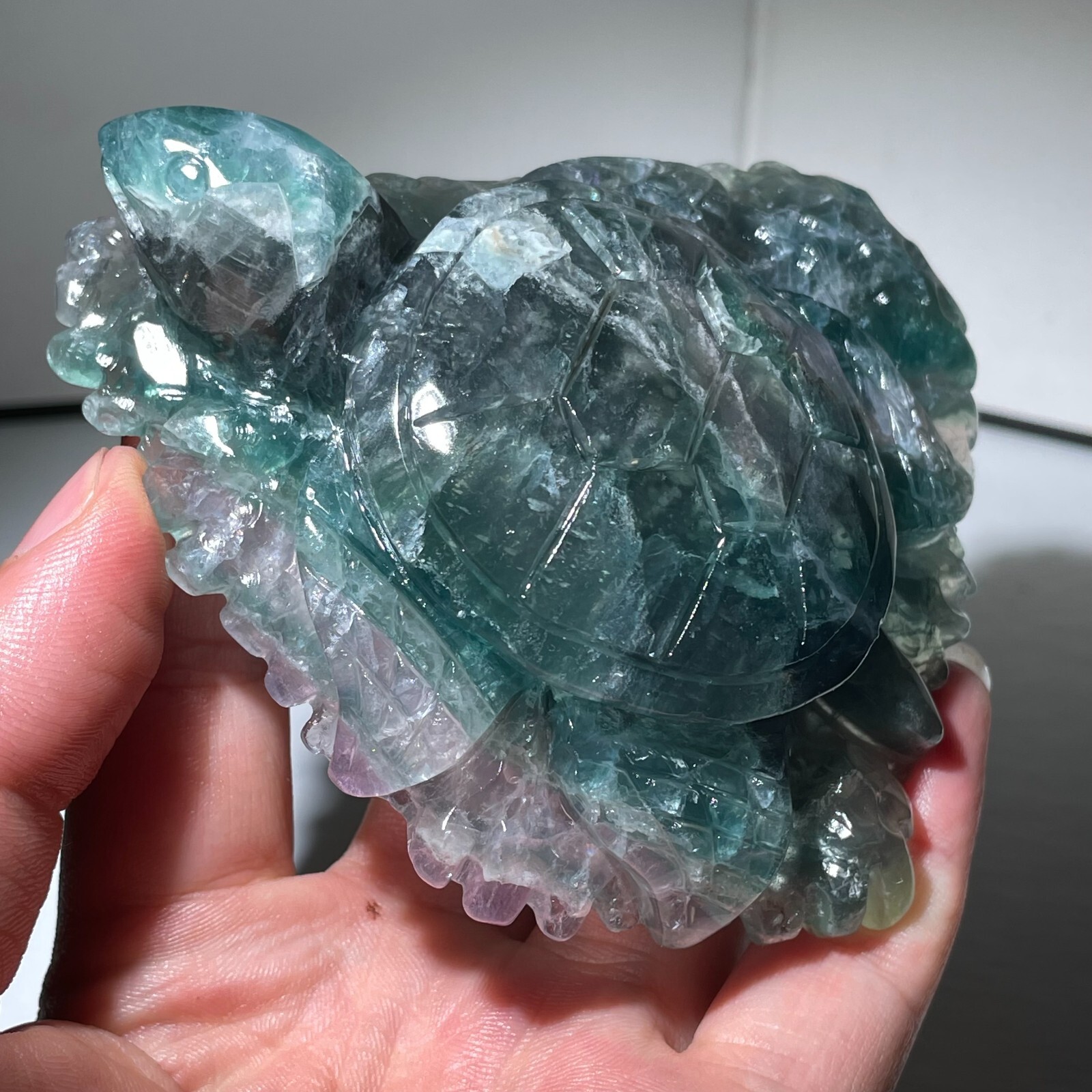 353G Natural Color fluorite Quartz Crystal sea turtle Skull Reiki Healing Gift
