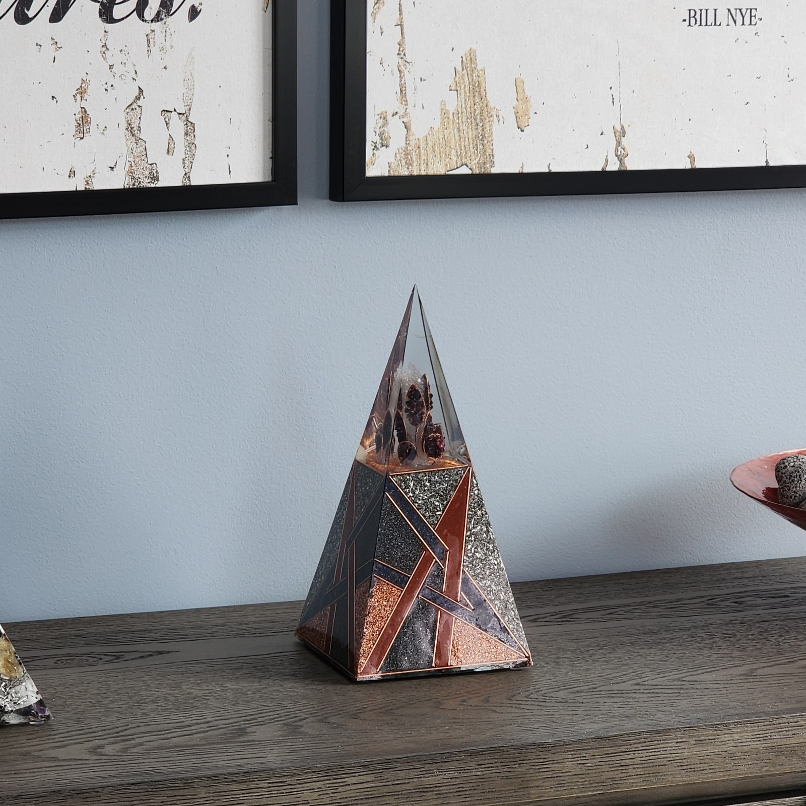 Handmade Orgonite Pyramid 11.75” Tall – Smoky Quartz Wand, Garnet, Red Jasper,