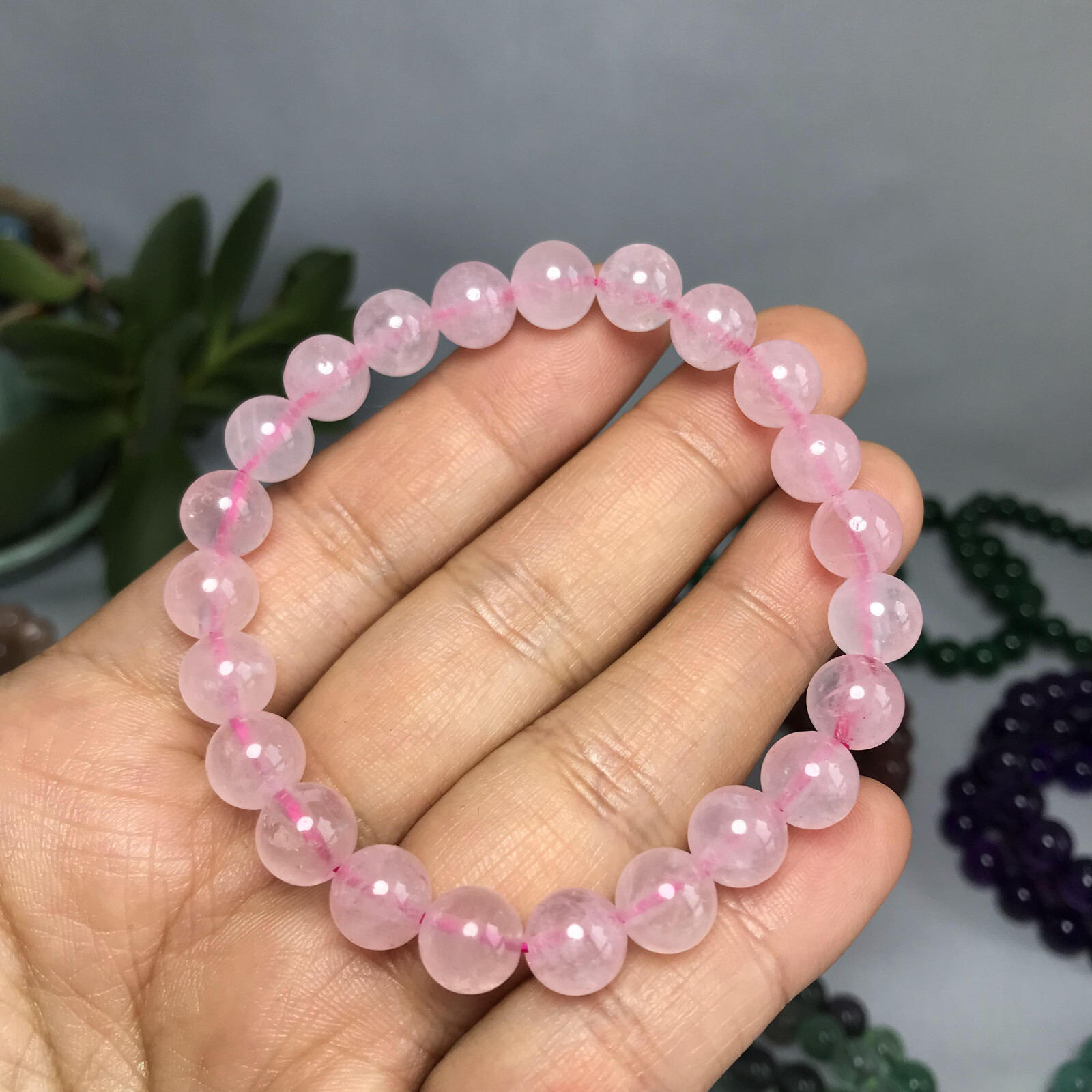 8mm-9mm Top Natural pink crystal gemstone Crystal chain beads bracelet 19g A5268