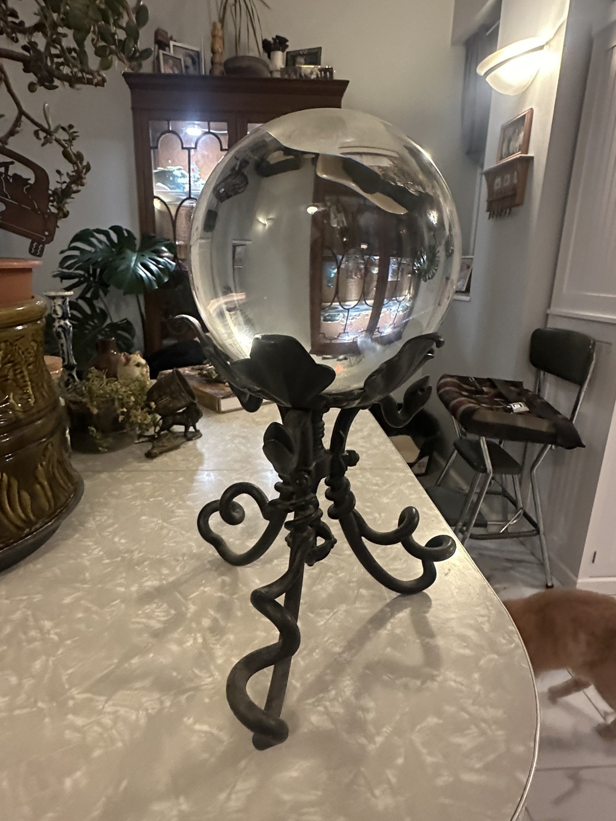 Large Victorian / Art Nouveau Crystal Ball Clear Sphere & Iron Snake Stand