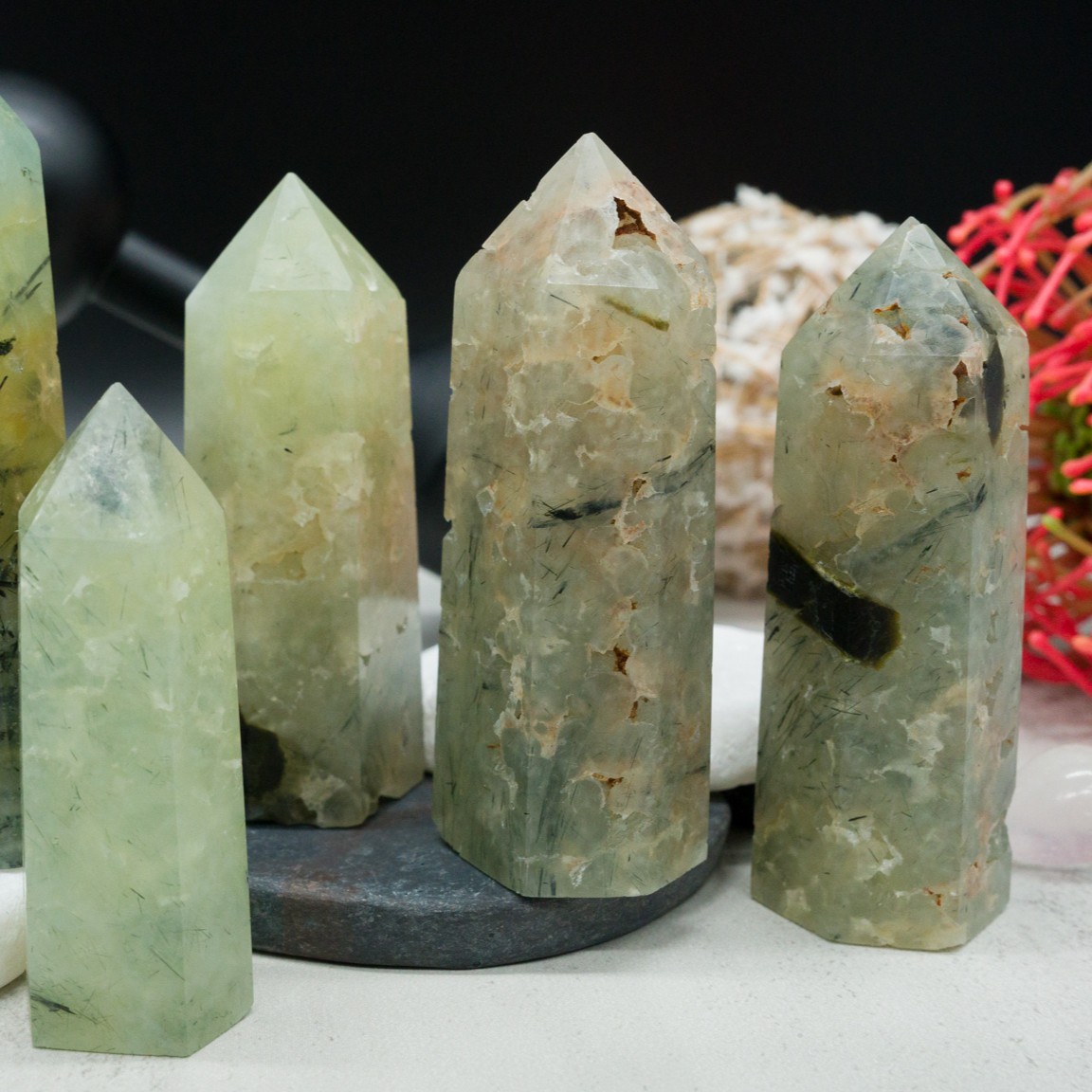 Prehnite Epidote Crystal Point Tower Black Tourmaline Inclusions Green Gemstone