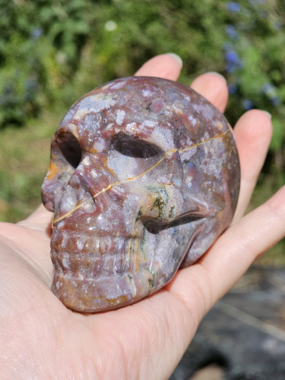 Purple Ocean Jasper skull crystal Carving Green 367g 5.9cm x 6.5cm x 4.8cm OJ