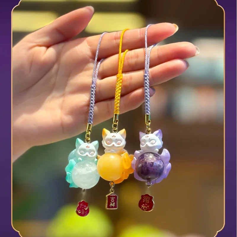 Cute Chinese Style Nine-Tailed Fox Resin Crystal Pendant Good Luck Car Decor Mys