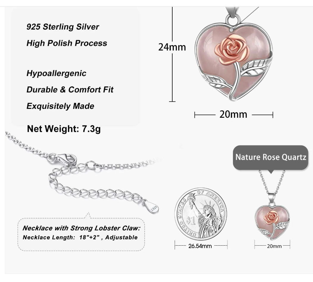 Suplight 925 Silver Birthstone Necklace Rose Flower Heart Crystal Pendant NEW NE