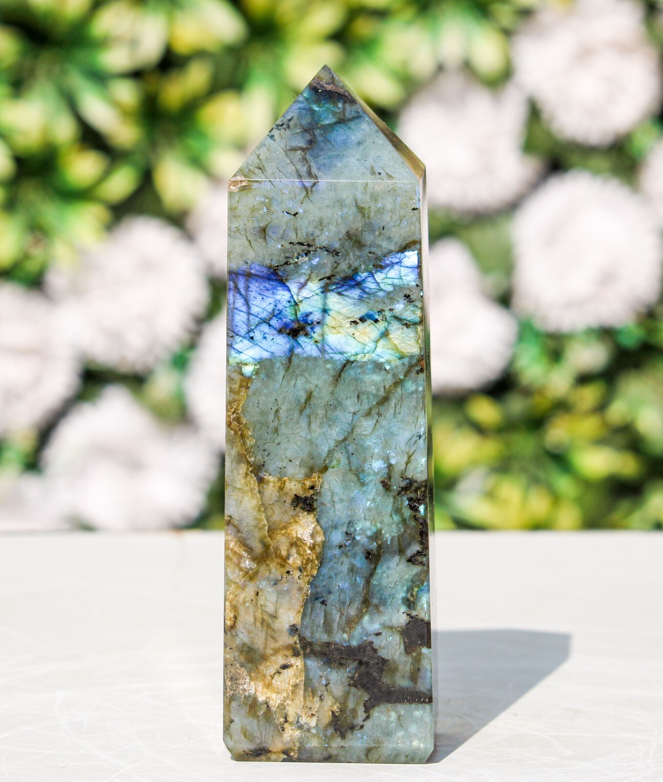 Large 170MM Green Labradorite Stone Chakra Metaphysical 4F obelisk point Tower