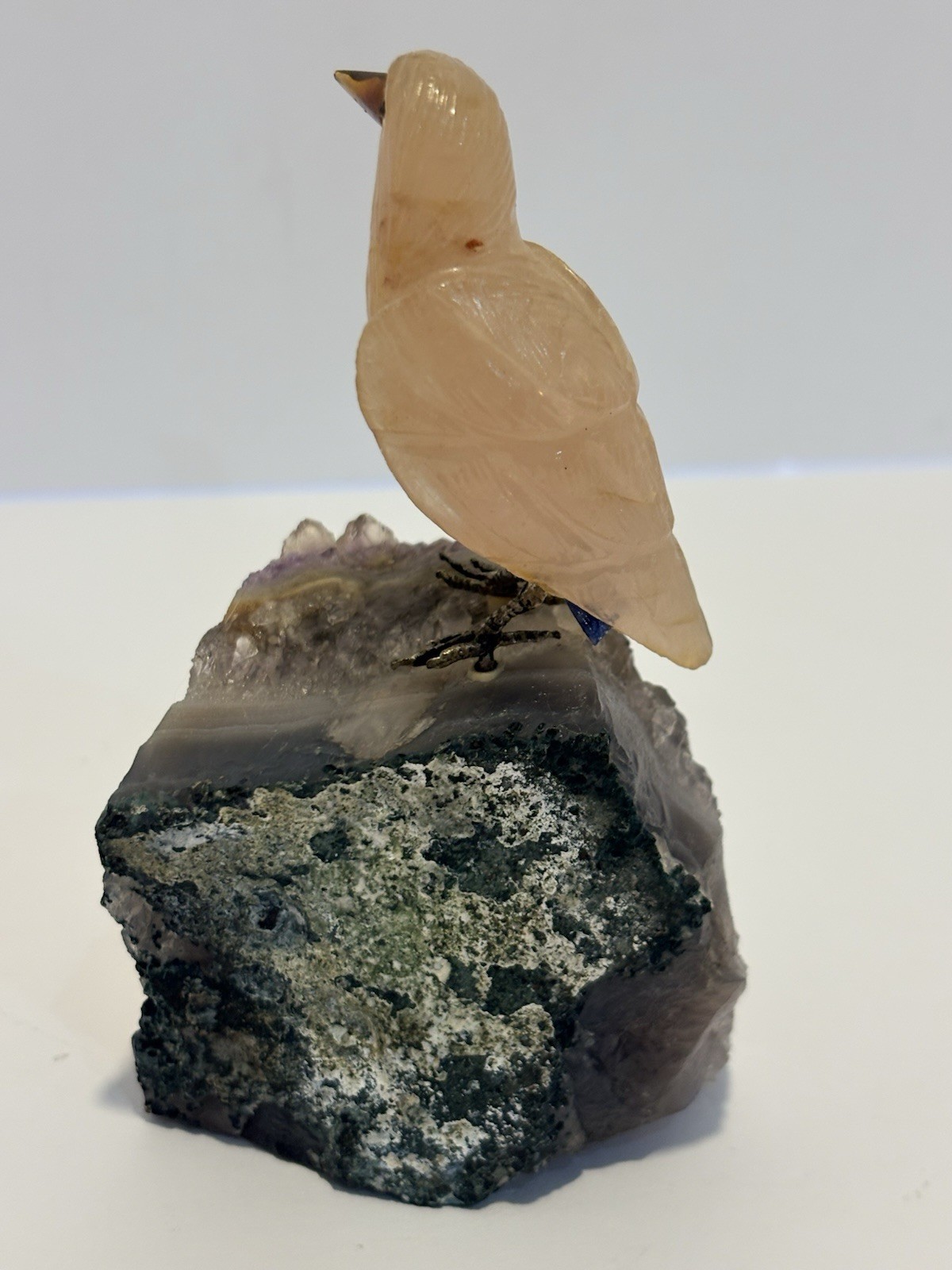 Hand carved Rose quartz bird on amethyst geode cluster 5x3x2.5