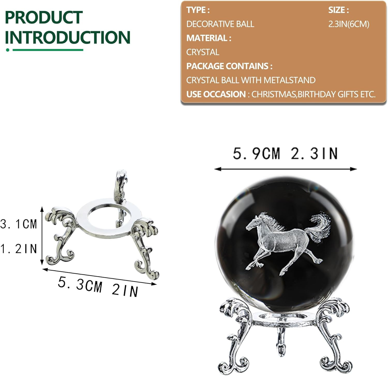 60Mm 3D Horse Crystal Ball Figurines with Stand Chinese Zodiac Glass Ball Feng S