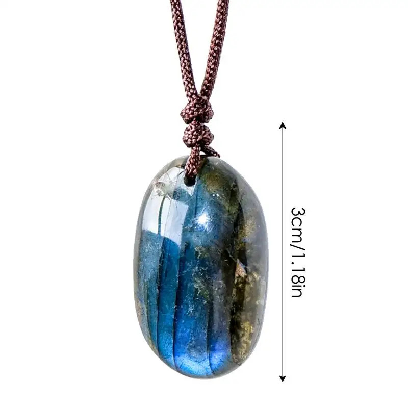 Natural Labradorite Crystal Pendant Necklace Polished Gemstone Rope Chain Gift