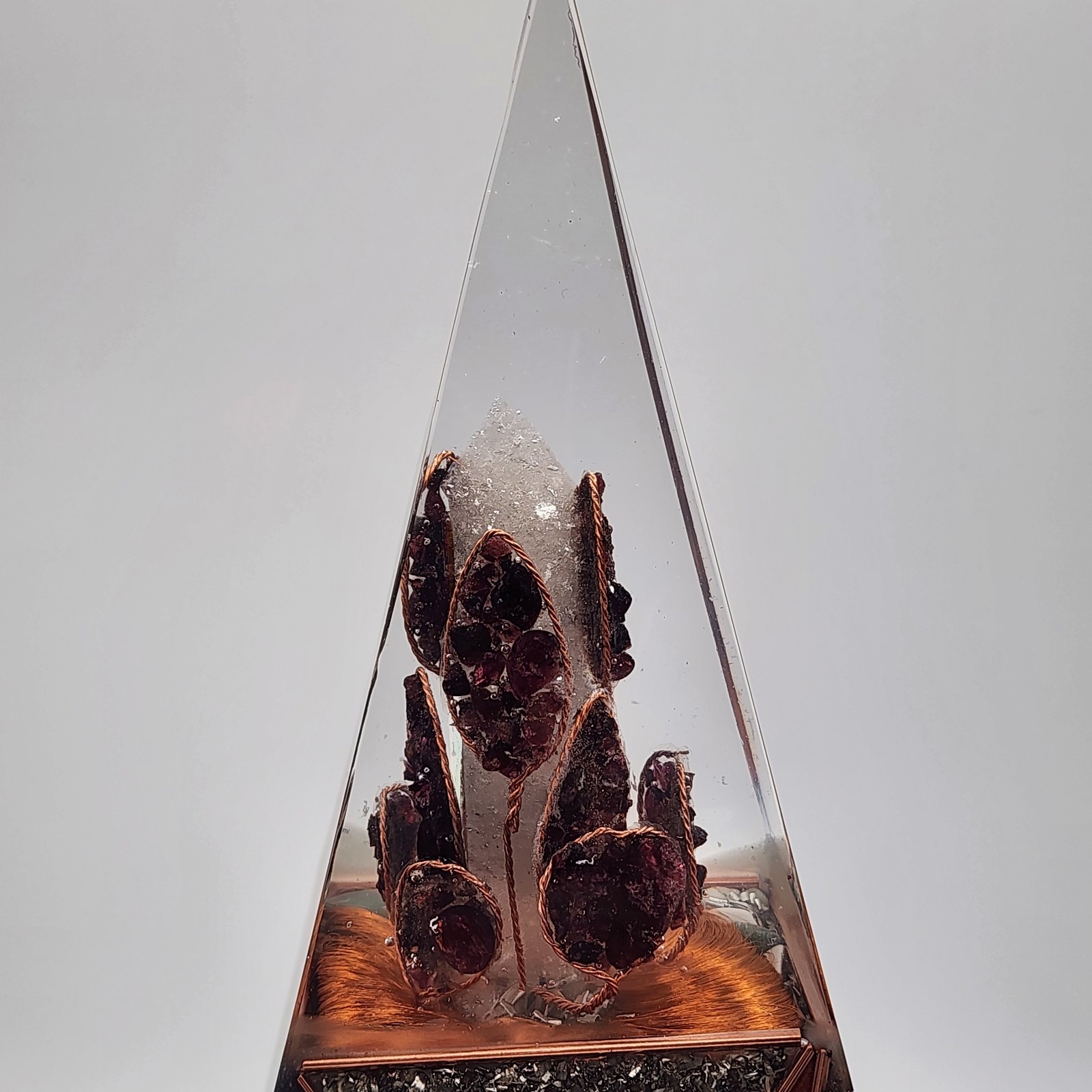 Handmade Orgonite Pyramid 11.75” Tall – Smoky Quartz Wand, Garnet, Red Jasper,