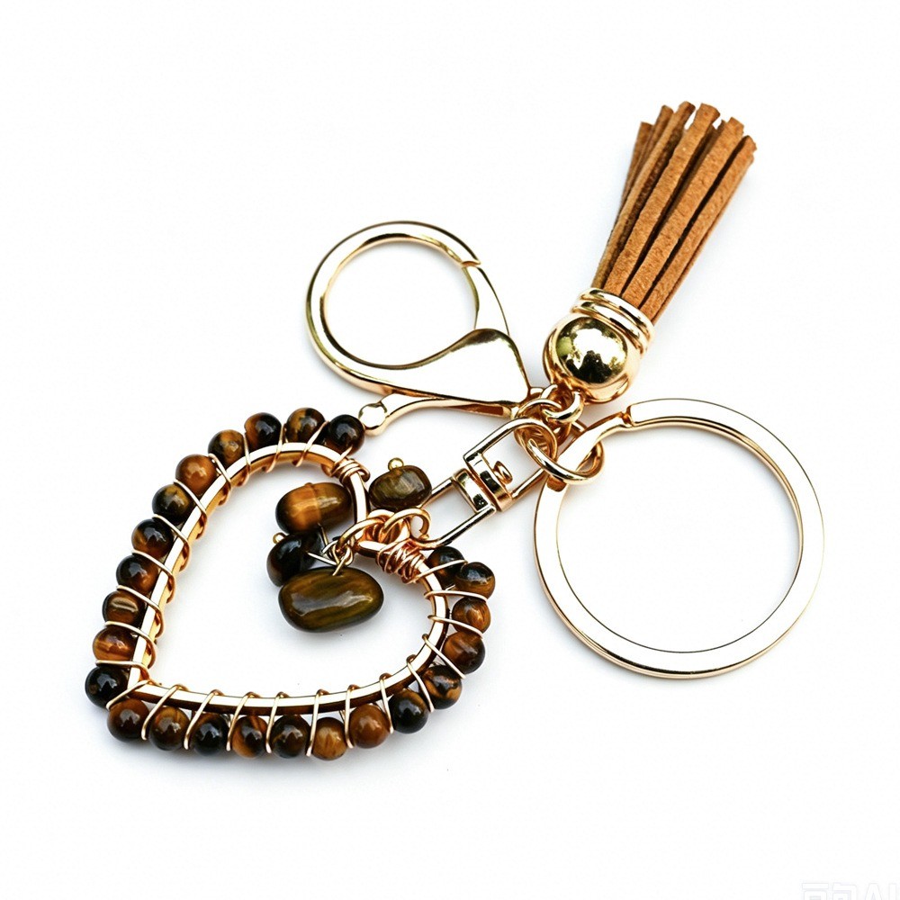 Natural Crystal Heart Tassel Keychain Healing Stone Pendant Keyring Gift