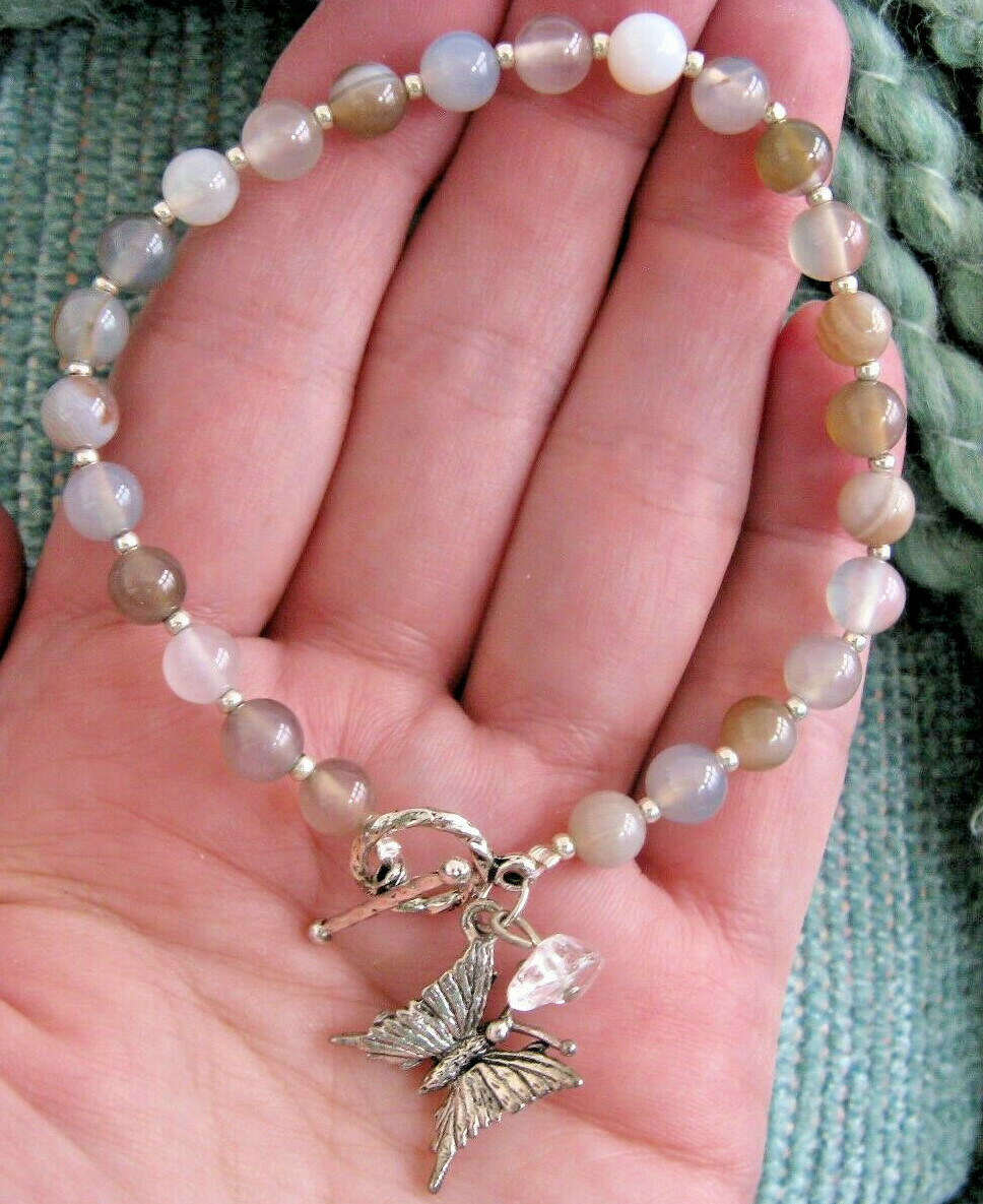 NEW RUSTIC NATURAL AGATE CRYSTAL CUFF BRACELET W/ BUTTERFLY CHARM & QUARTZ
