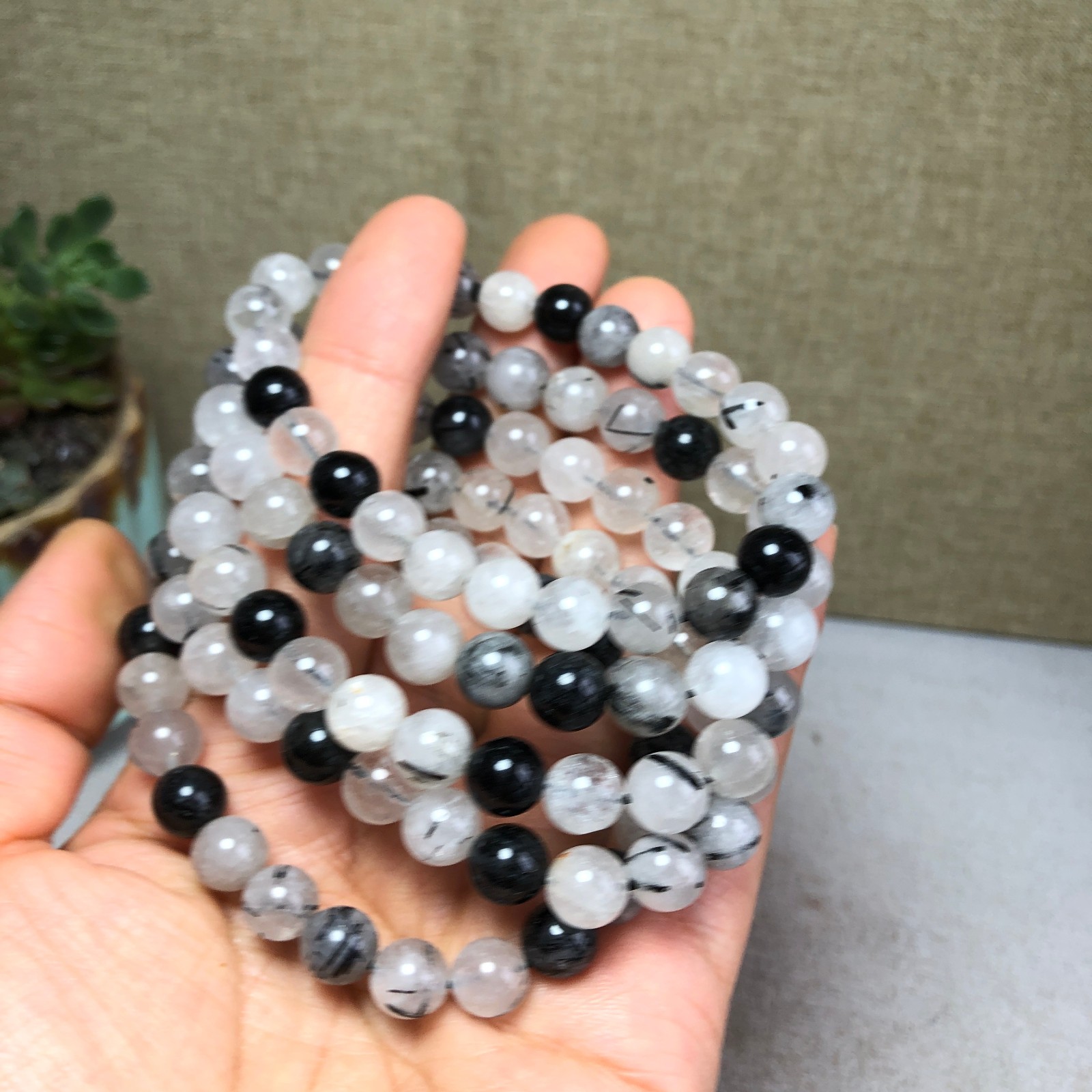 5pcs Natural black Tourmaline Crystal chain beads bracelet 7mm-8mm A4771