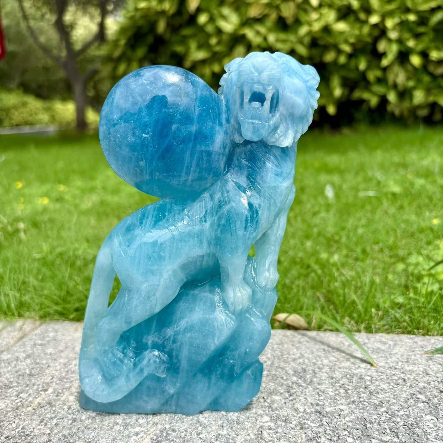 2.51LB Natural Aquamarine Quartz Carved Tiger Skull Crystal Reiki Healing Decor